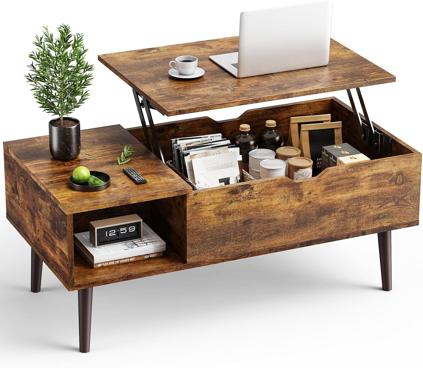 Coffee Table -Wood Lift Top with Hidden Compartment and Large Storage Shelf, Lift Tabletop Dining Center Table