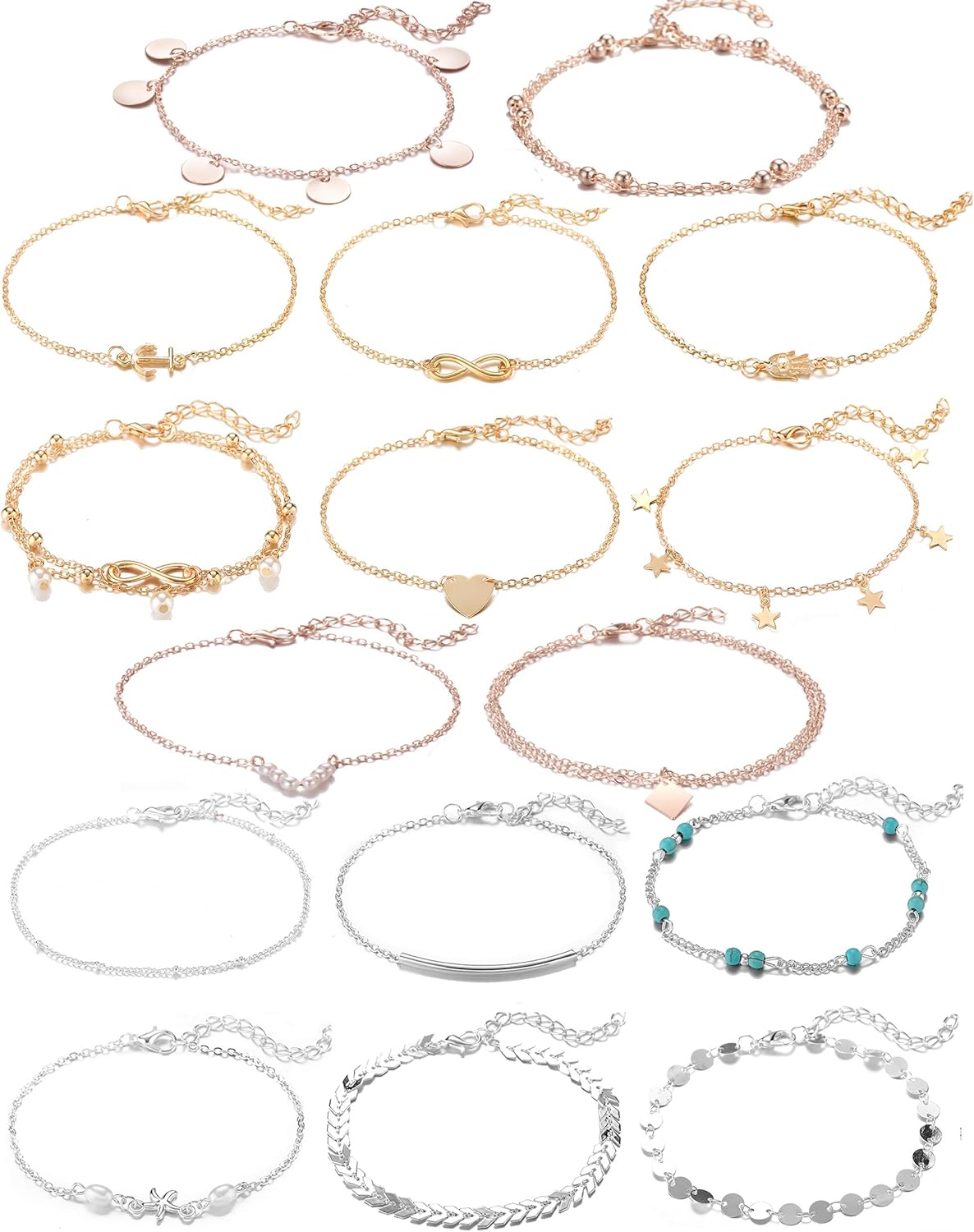 16 count Gold Silver Two Style Chain Beach Anklet Bracelet Anklet Set,Adjustable Size