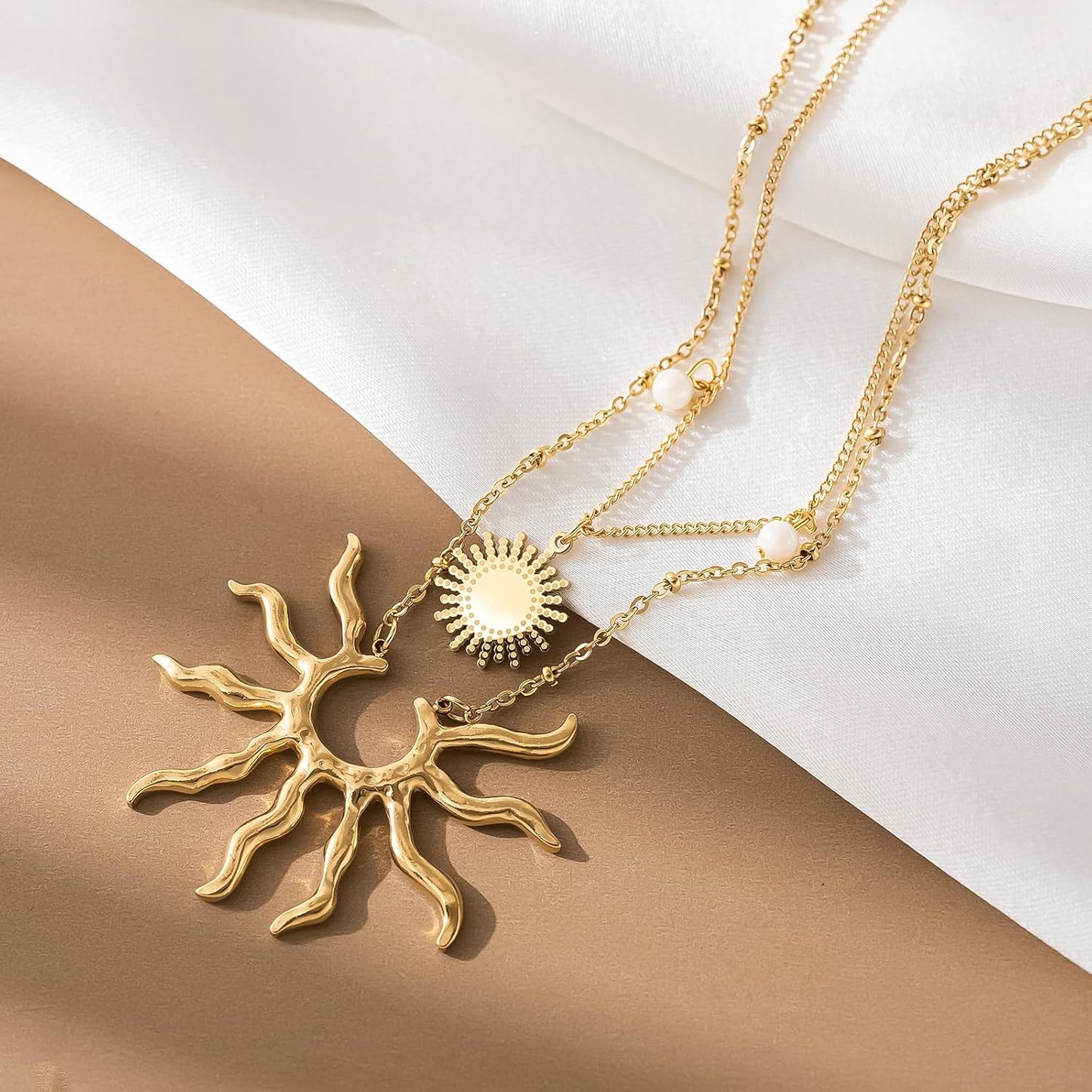 Gold Necklace for Women - Dainty 14K Gold Plated Layered Sun Pendant & Choker, Gift for Her