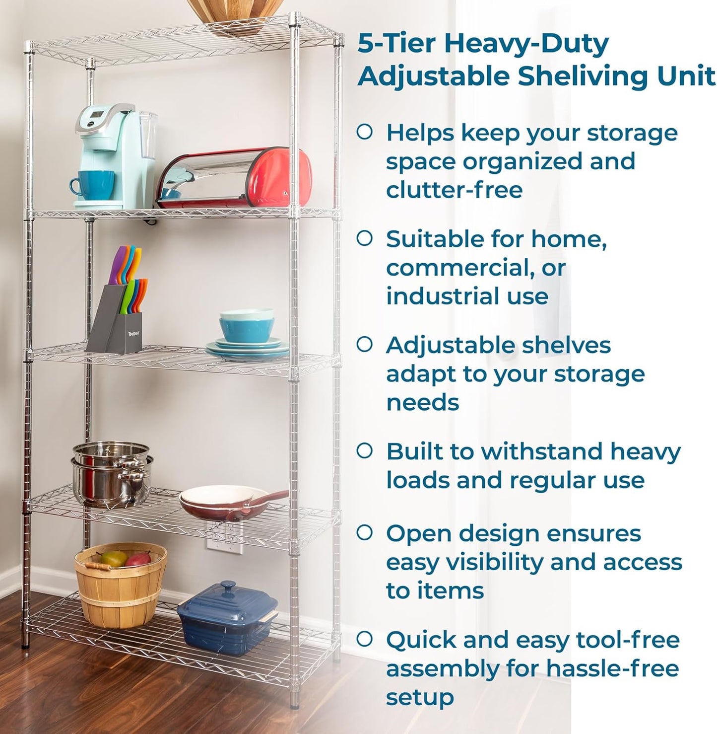 5-Tier Heavy Duty Adjustable Shelves, Metal Storage Rack Shelf Capacity, , 14" W x 36" L x 72" H