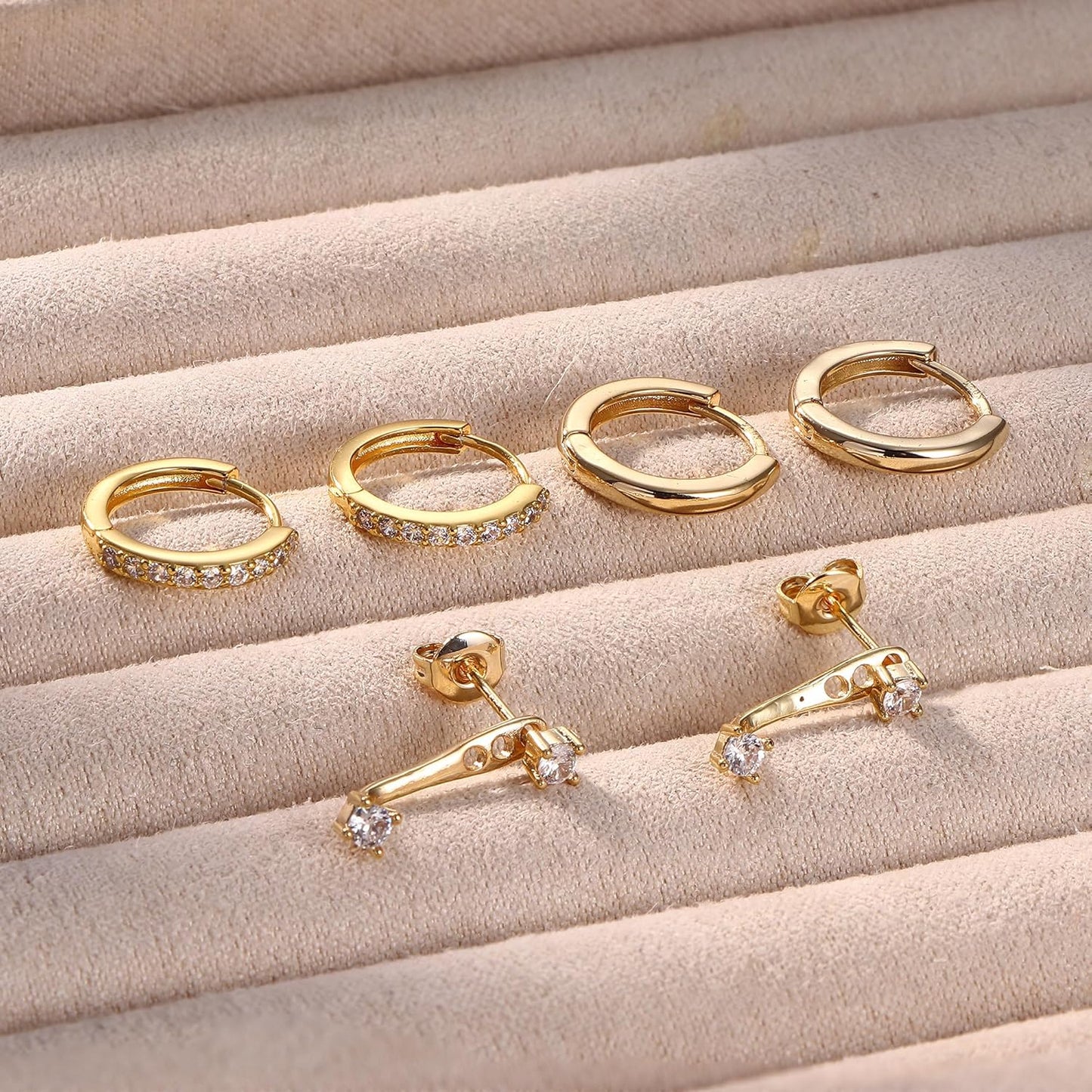 3Pairs 925 Sterling Silver, 14K Gold Plated Small Huggie Hoop Earrings Sets for Multiple Piercing CZ Cartilage Earrings Stacks