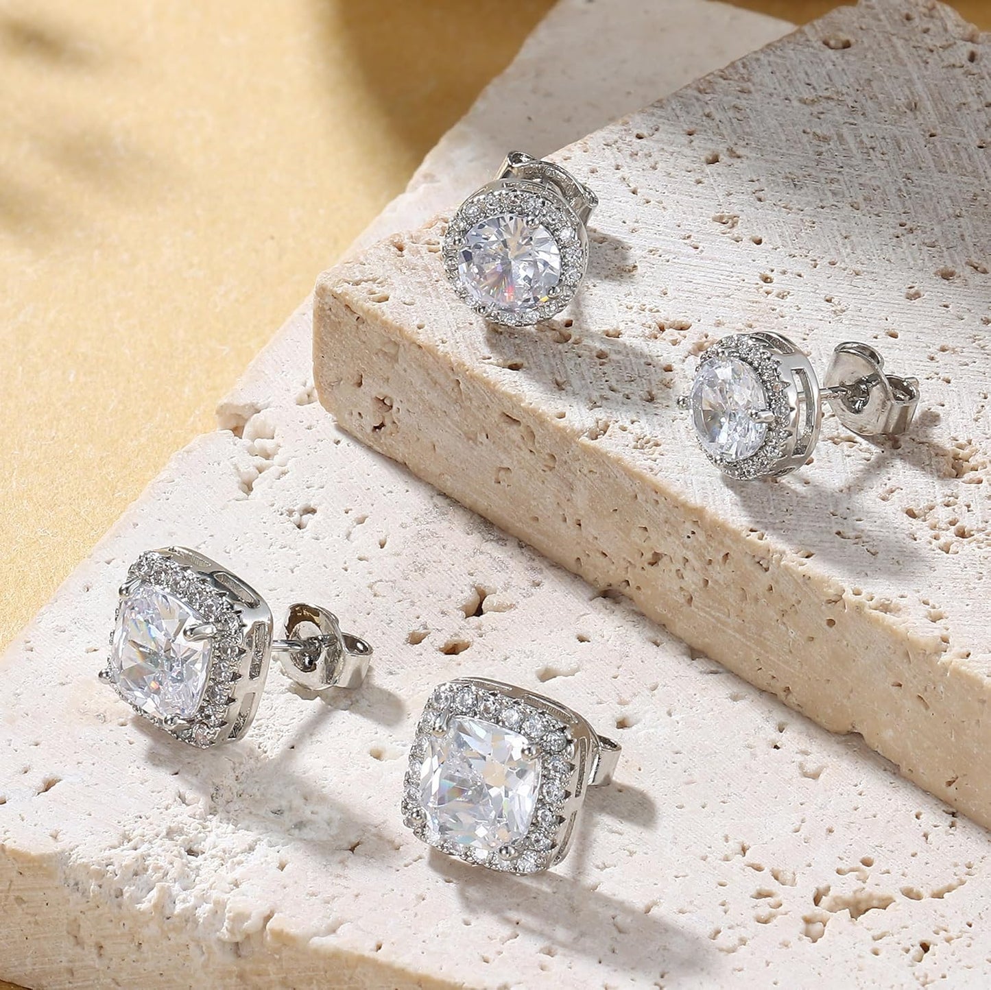 Hayoso 18K Gold Plated Halo Stud Earrings 925 Sterling Silver Cubic Zirconia Stud Earrings Round Square Diamonique Stud
