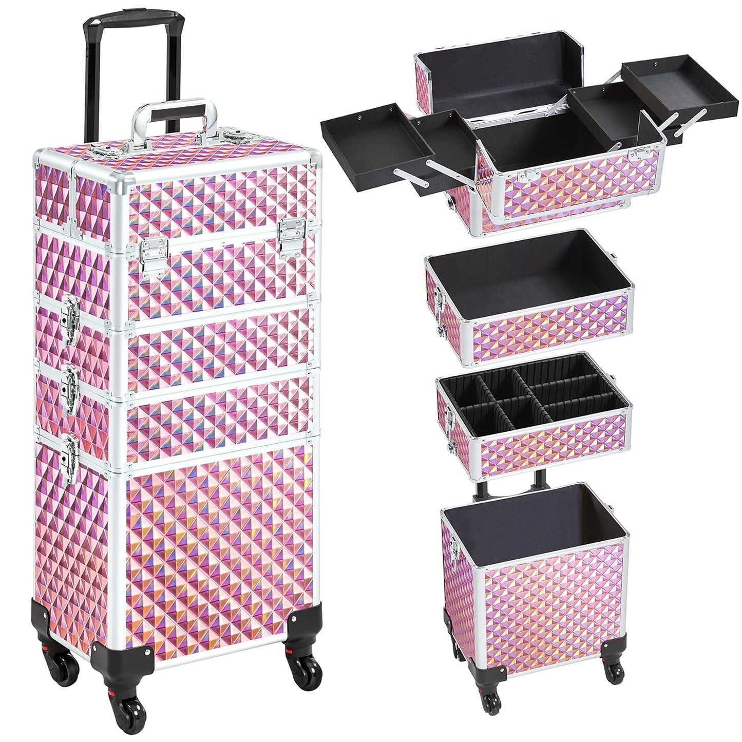 4 in 1 Professional Makeup Case Aluminum Cosmetic Case Rolling Makeup Case Extra Large Trolley