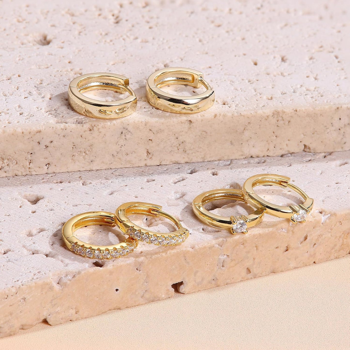 3Pairs 925 Sterling Silver, 14K Gold Plated Small Huggie Hoop Earrings Sets for Multiple Piercing CZ Cartilage Earrings Stacks