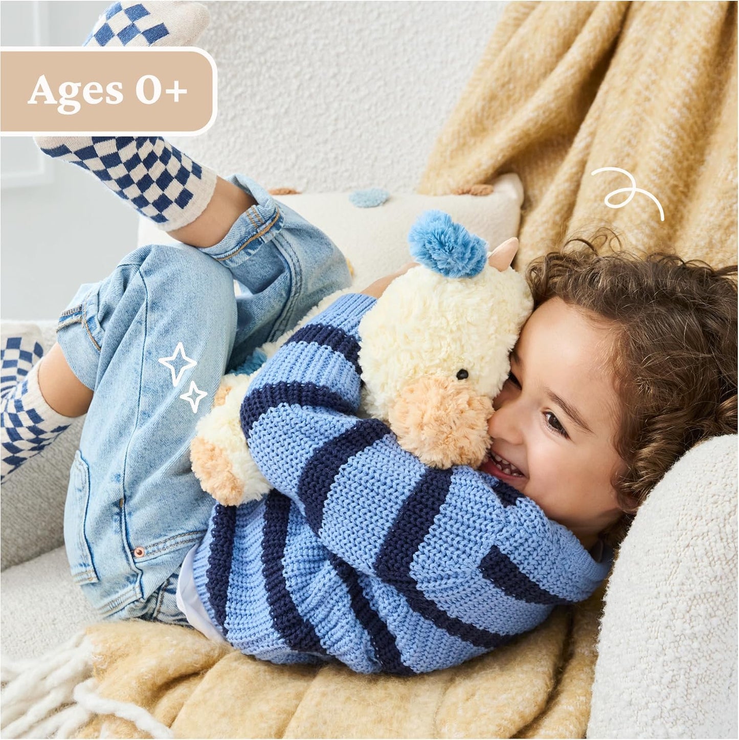 OMOMMD Cozys Collection Cow, Stuffed Animal for Ages 1 and Up, Spring Decor Plush Toy, Cream/Blue, 10”