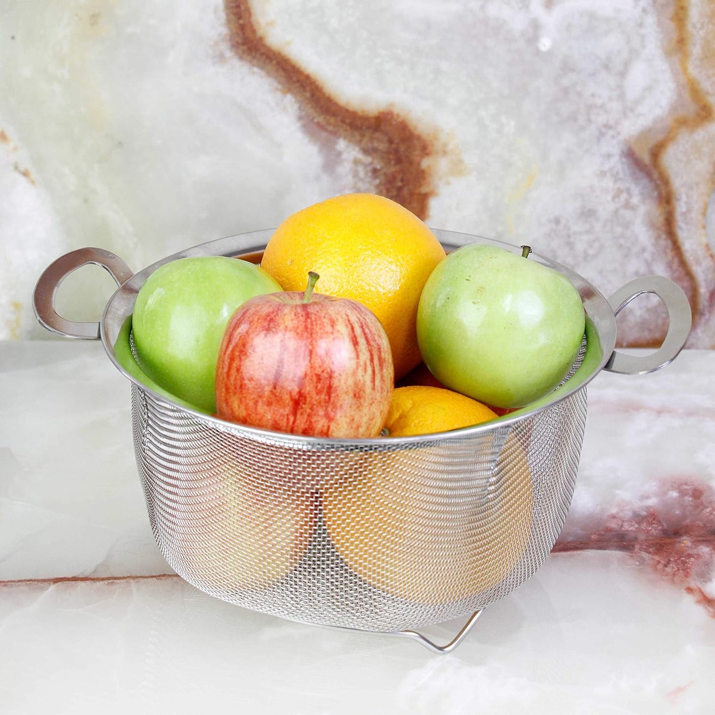 Stainless Steel Colander Strainer Basket - 3-Quart Colander with Resting Feet & Handles - Wide Rim Sieve