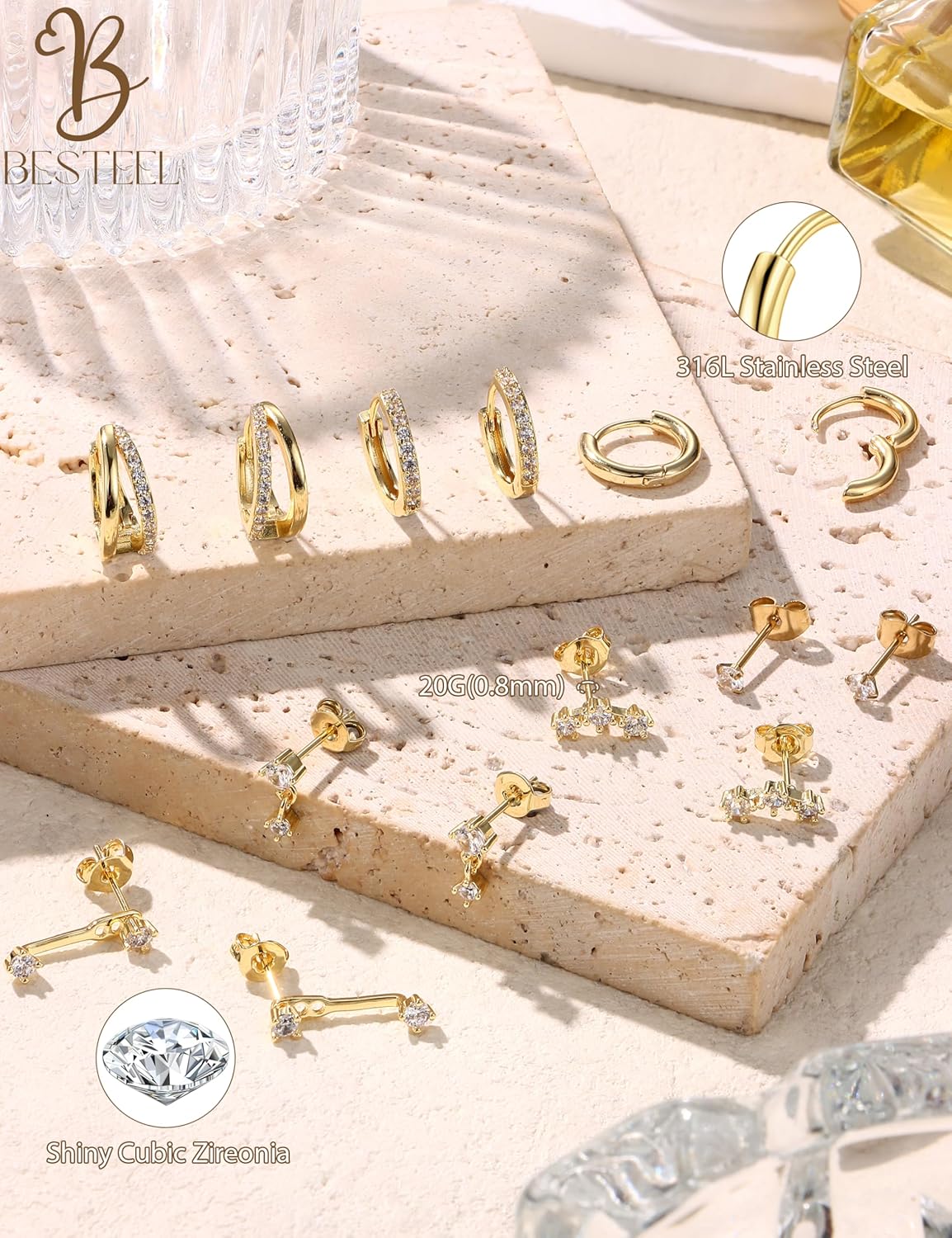 Small Stud Hoop Earrings for Women - 7 Pairs Hypoallergenic 14K Gold Plated Huggie Earring Sets for Multiple Piercing
