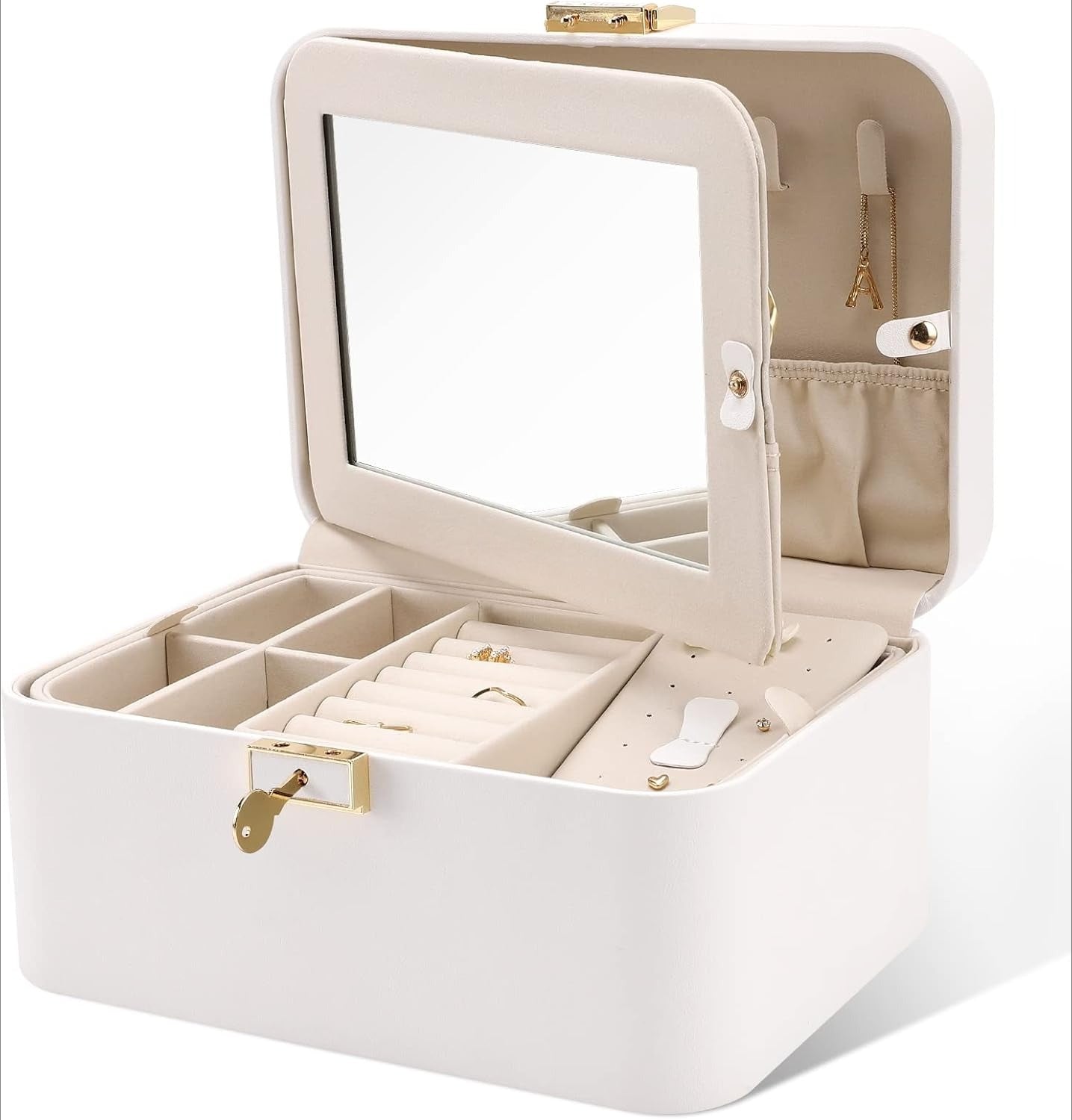 Jewelry Organizer Box, 2 Layers, Large Capacity, Double Lock and Large Mirror, Hidden Necklace Hooks, Removable Dividers
