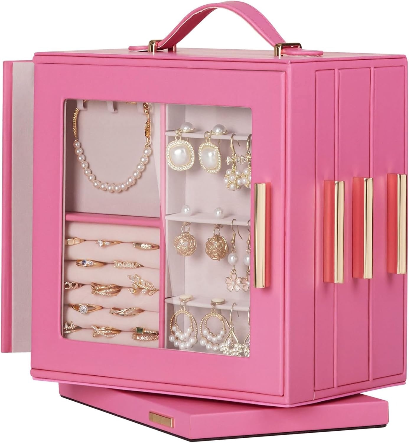 Jewelry Box 360° Rotating, Necklace Earring Organizer with Transparent Window, Mirror, 7 Drawers