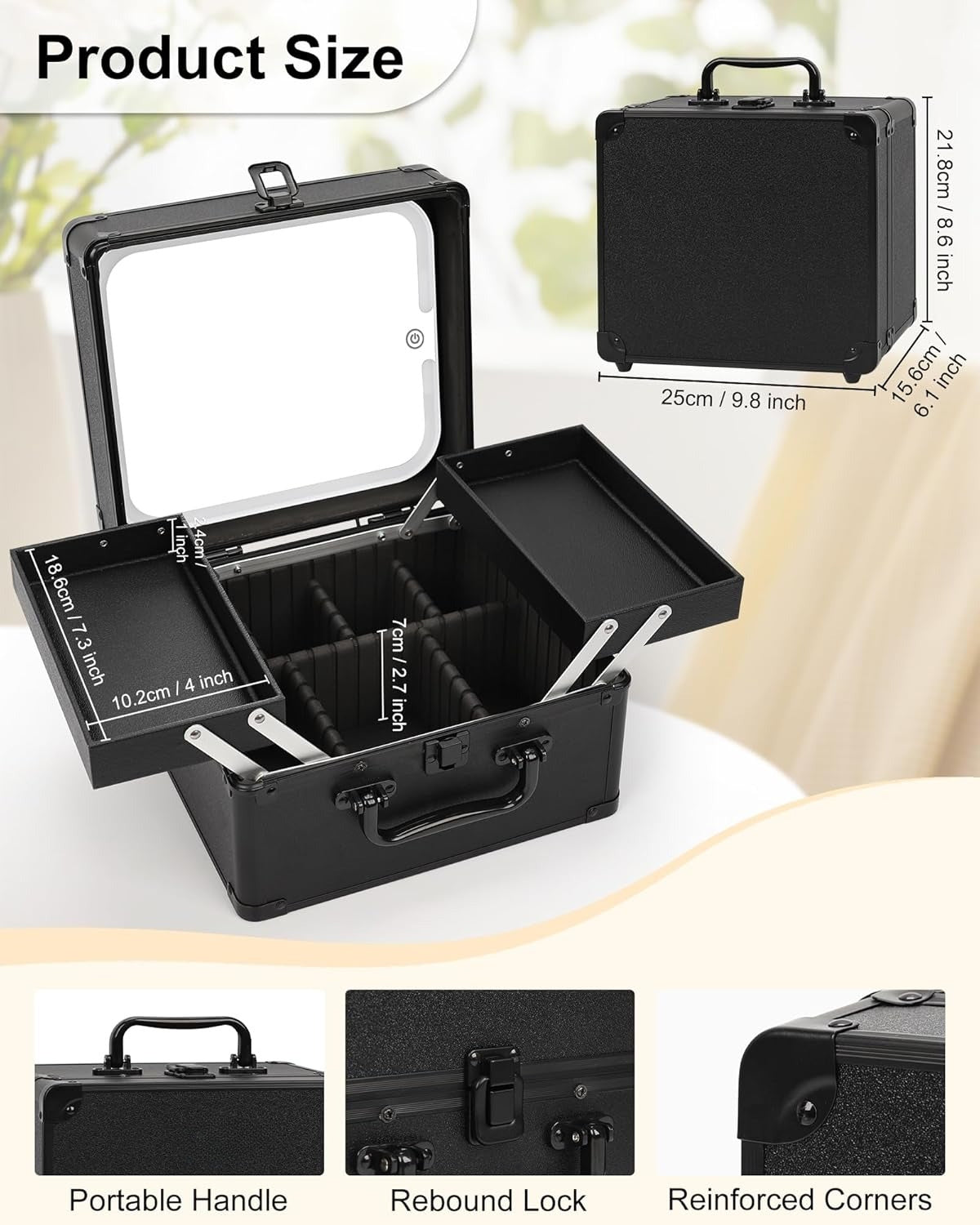 Makeup Bag with Mirror, Large Cosmetic Organizer with 2 Trays and Vanity Mirror with LED Lights