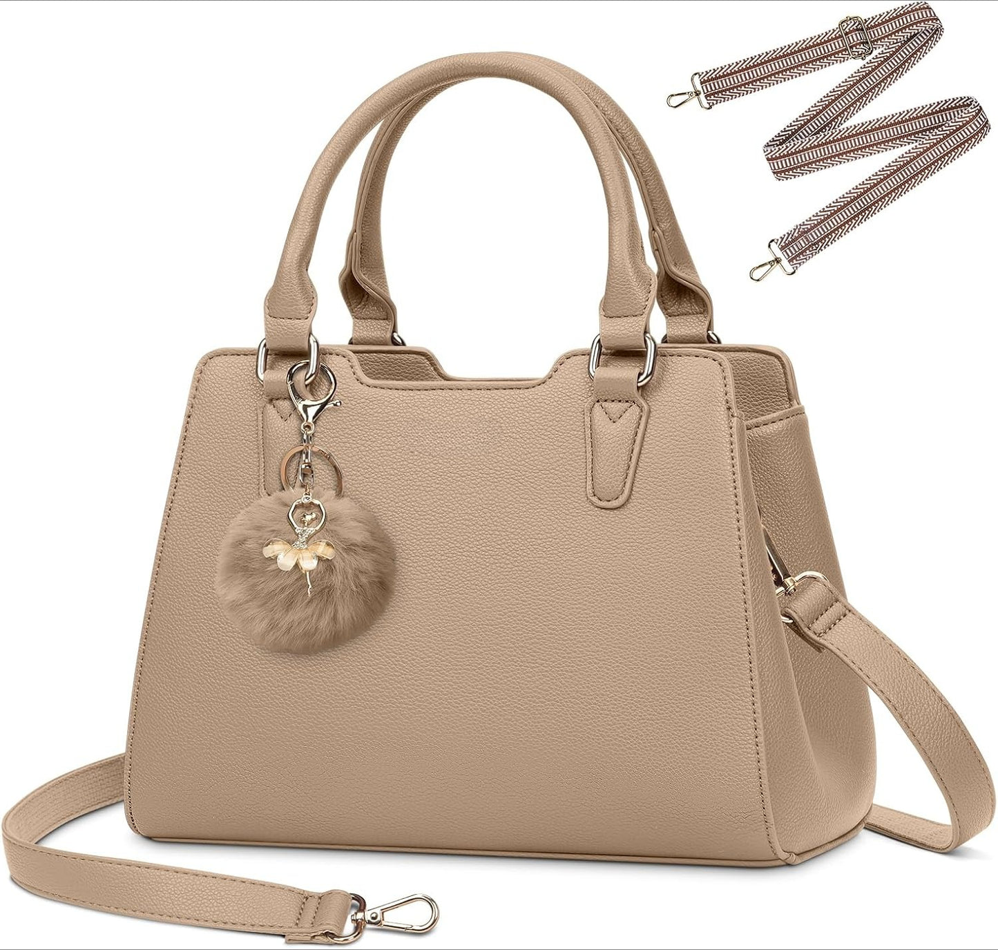 Women's Top Handle Tote Bag PU Faux Leather Shoulder Bag Women's Wallet Handbag with Cute Pom Pom