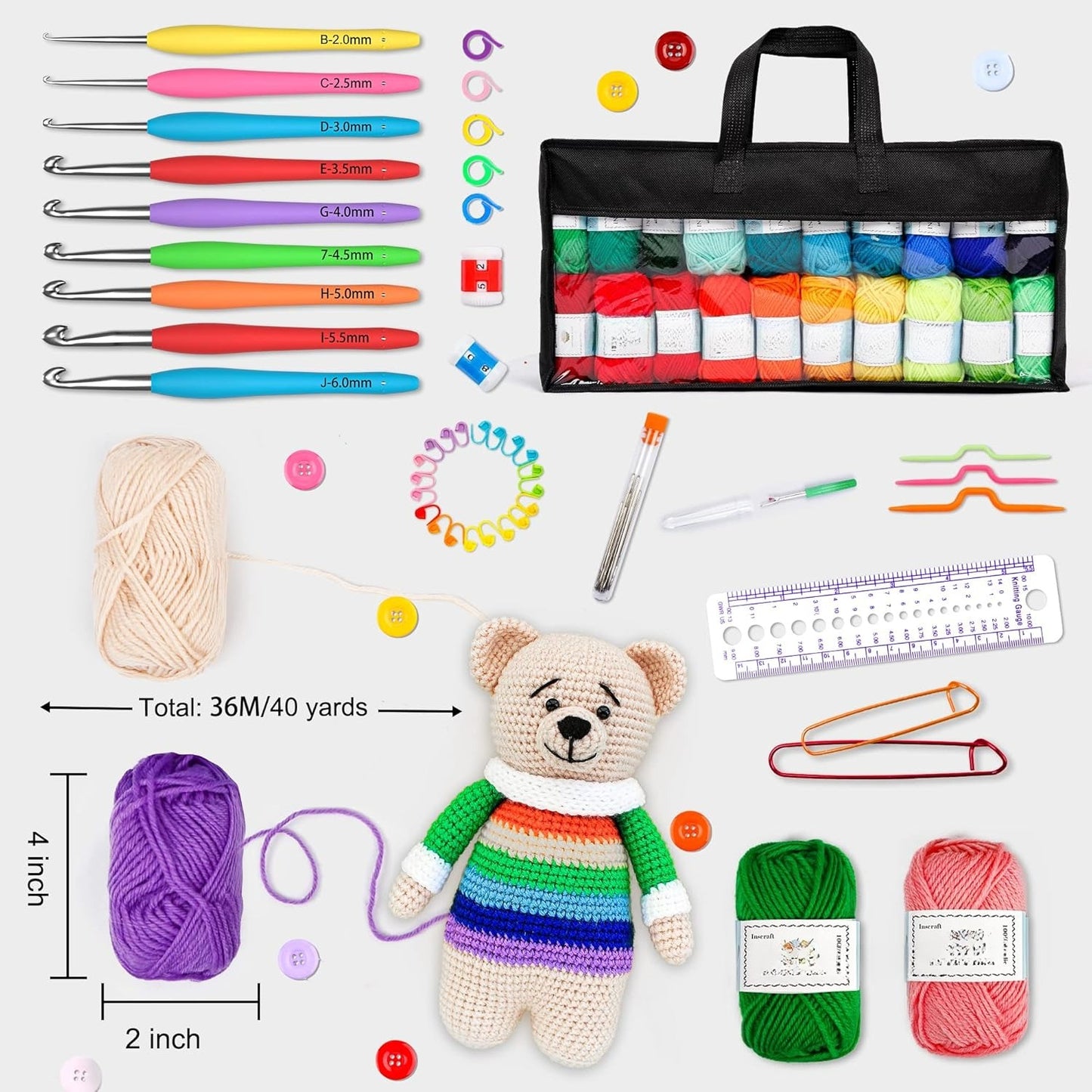 OMOMMD 113 Piece Crochet Kit with Yarn Set– 1600 Yards Assorted Yarn for Knitting and Crochet, 73PCS Crochet Accessories Set Including Ergonomic Hooks, Knitting Needles & More Ideal Beginner Kit