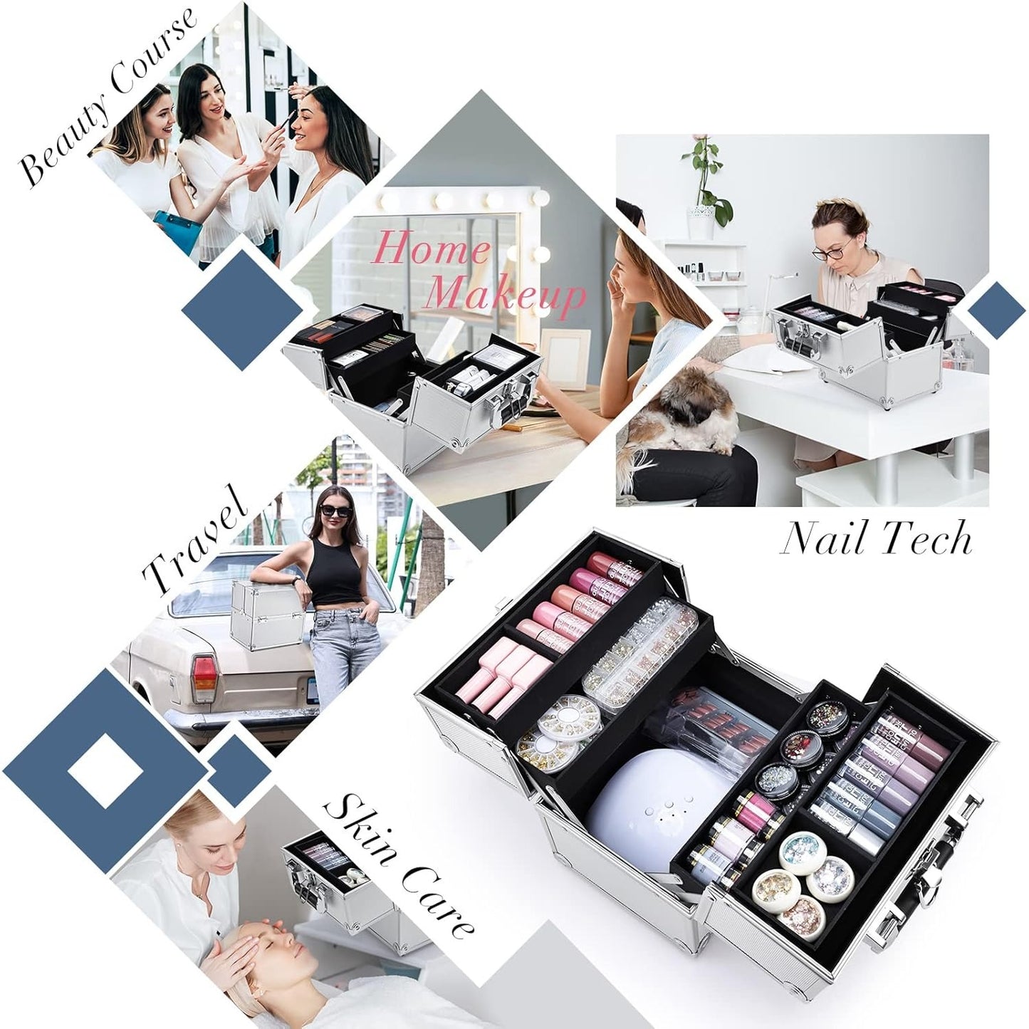 Makeup Organizer Box Portable Cosmetic Travel Case with Lock 4 Trays Aluminum Hard Vanity Box