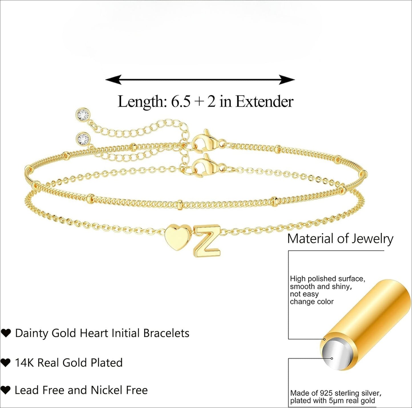 Dainty Initial Heart Gold Bracelets for Women Trendy, 14K Real Gold Letter Charm Bracelet Jewelry