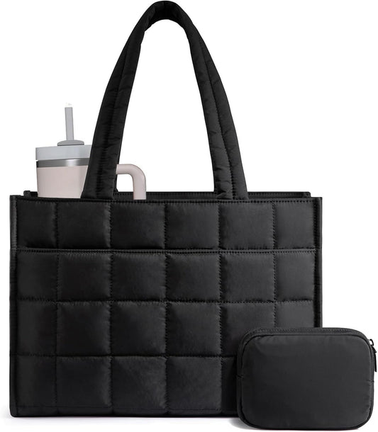 15.6 Inch Tote Bag for Women, Puffer Work Handbag Laptop Purse , Large Quilted Travel Tote