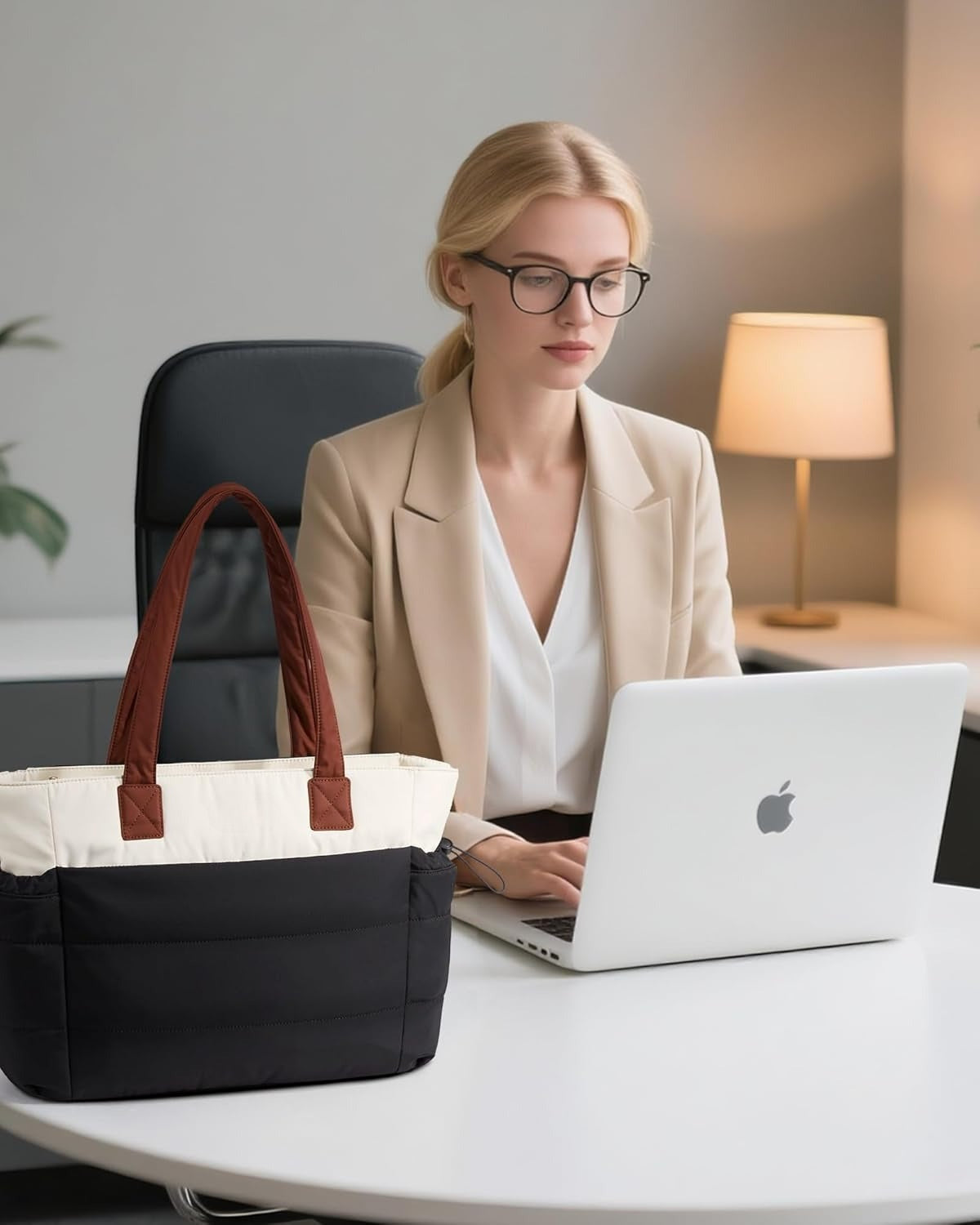 Tote Bag for Women with Giant Tumbler Holder Pocket, Puffer Work Travel Laptop Handbag with Zipper
