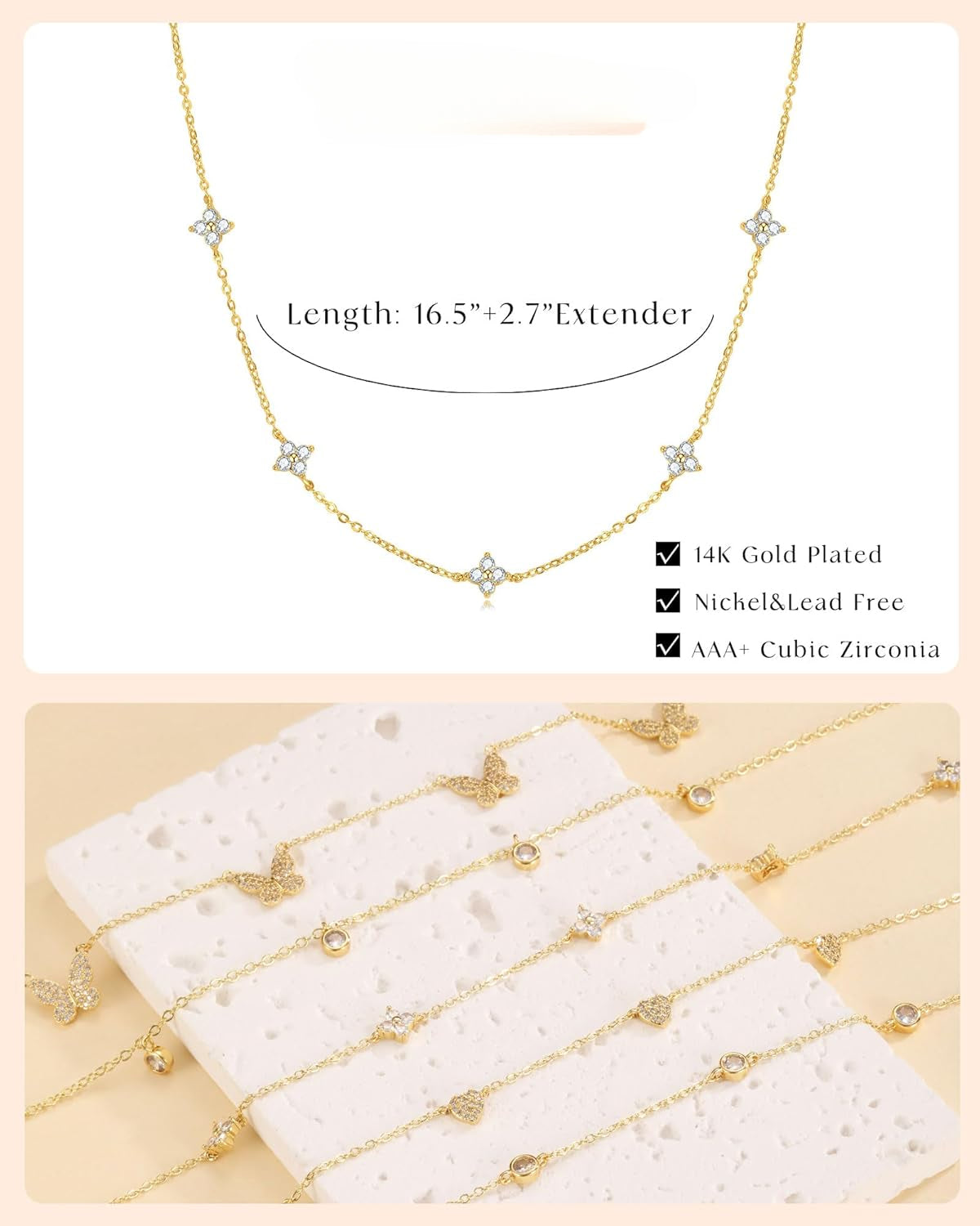 "14K Gold Plated Necklace for Women, Dainty Silver Gold Layered CZ Butterfly Heart Choker, Non-Tarnish Bridal Jewelry for Wedding Prom"