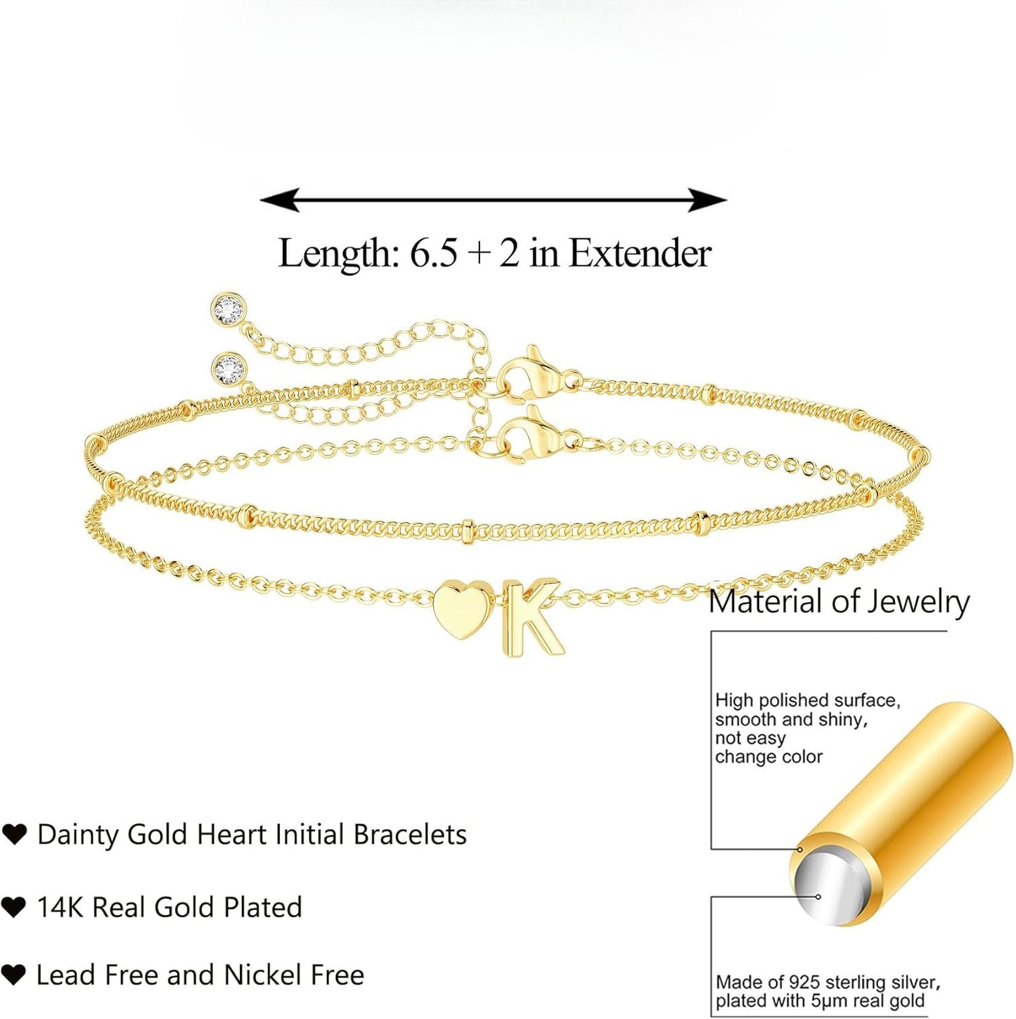 Dainty Initial Heart Gold Bracelets for Women Trendy, 14K Real Gold Letter Charm Bracelet Jewelry