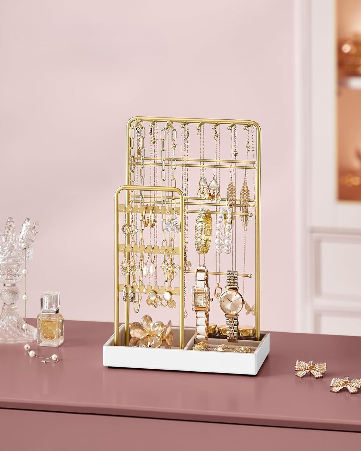 Jewelry Holder, Jewelry Organizer, Jewelry Display Stand with Metal Frame, Necklace Earring Bracelet Holder, for Studs, Rings