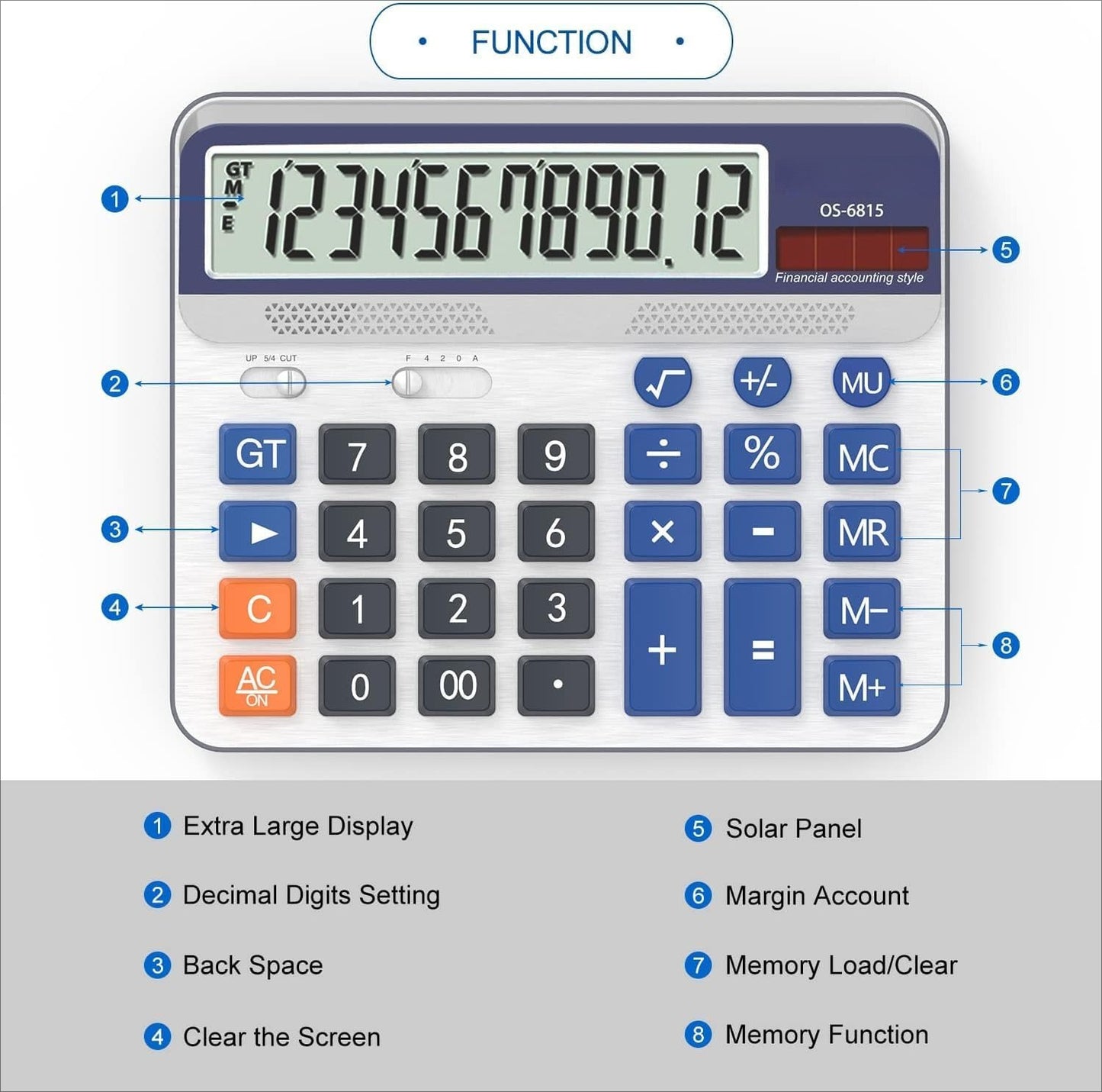 OMOMMD Desktop Calculator Extra Large 5-Inch LCD Display 12-Digit Big Number Accounting Calculator with Giant Response Button, Battery & Solar Powered, Perfect for Office Business Home Daily Use(OS-6815)