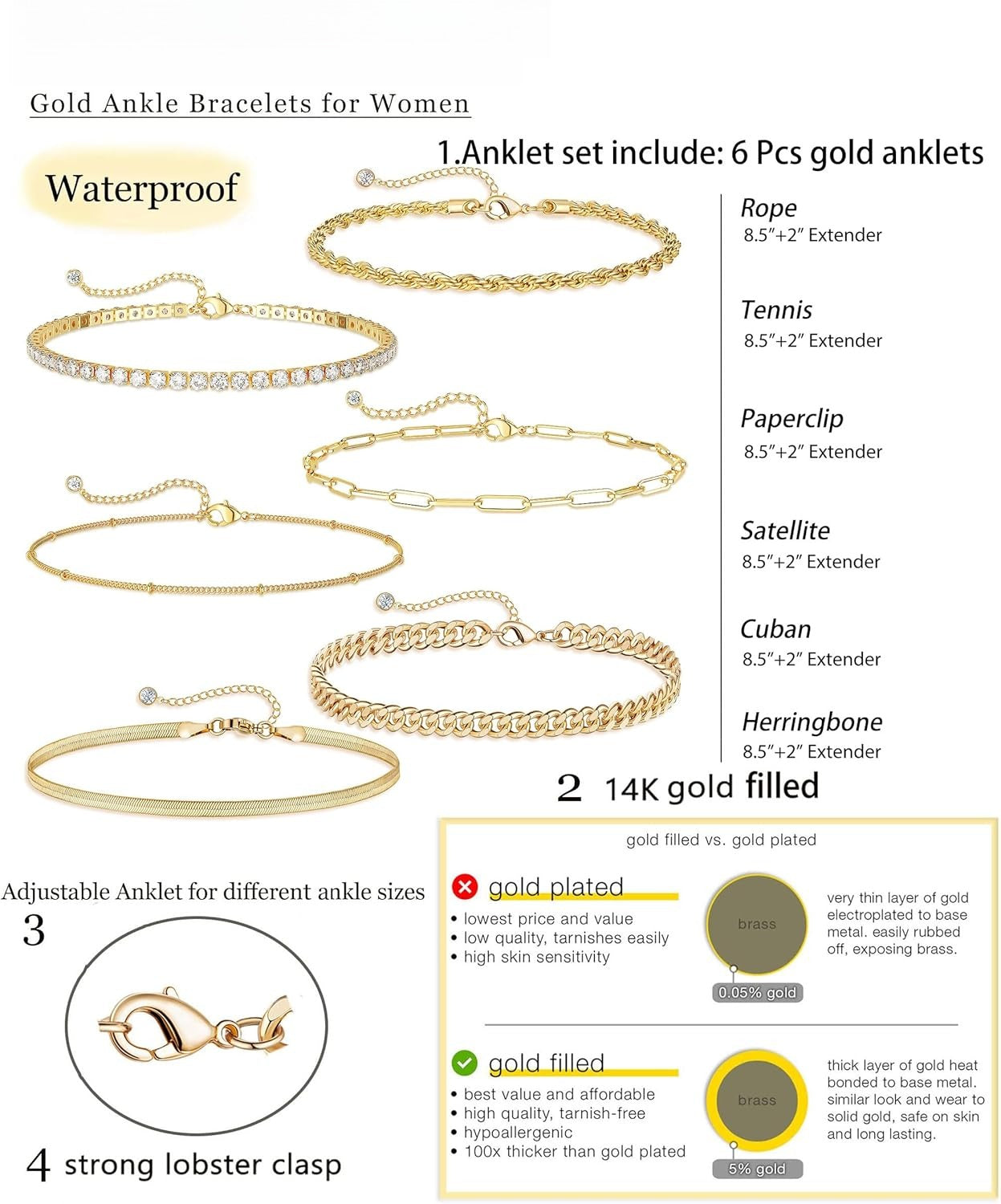 Gold  Ankle Bracelets for Women  - Dainty 6count  Anklets  Anklets Set Pack Summer Beach