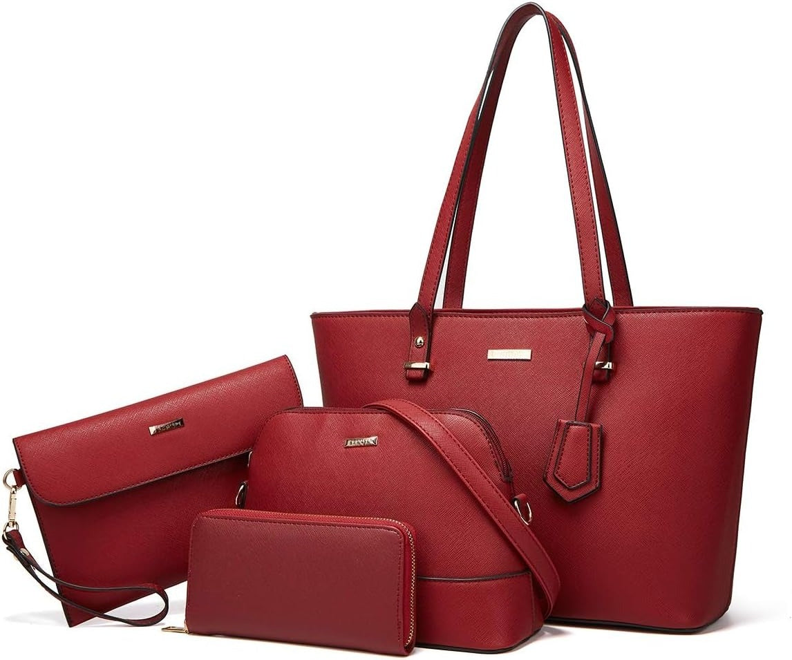 4Pcs Women Fashion Synthetic Leather Handbags Tote Bag Shoulder Bag Top Handle Satchel Purse Set