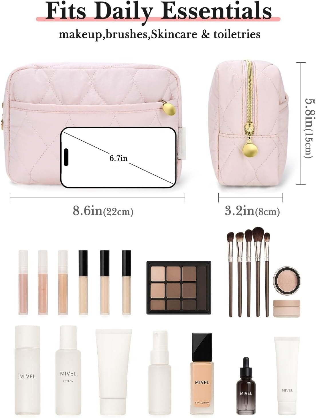 Makeup Bag, Travel Cosmetic Bag, Puffy Padded Toiletry Bag for Women, Wide-open Pouch Purse