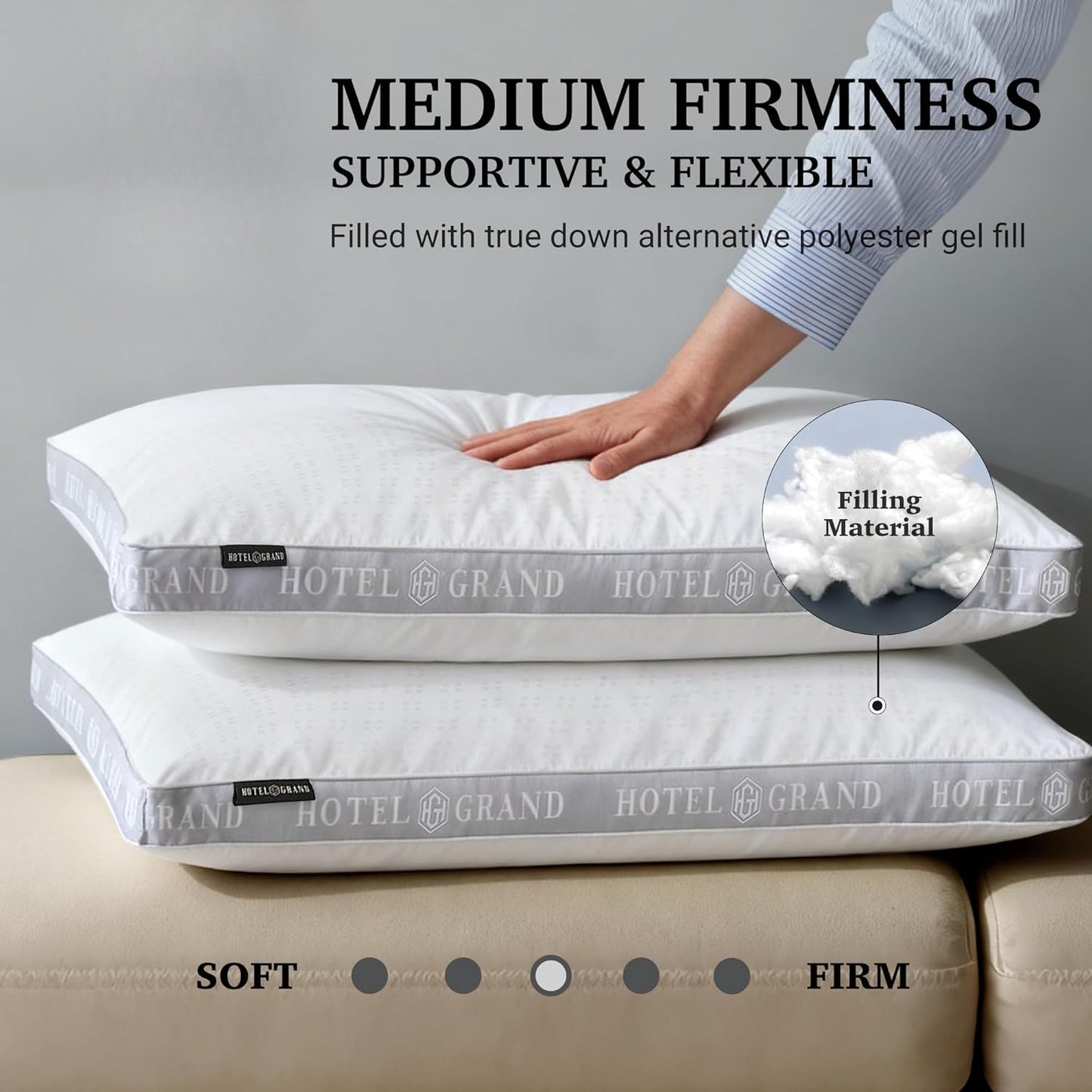 Bed Pillows Queen Size Set of 2, 500 Thread Count Cotton Cover, Down Alternative Hotel Pillow for Side, Back, or Stomach Sleepers, Medium Firm Hypoallergenic 18”x26”