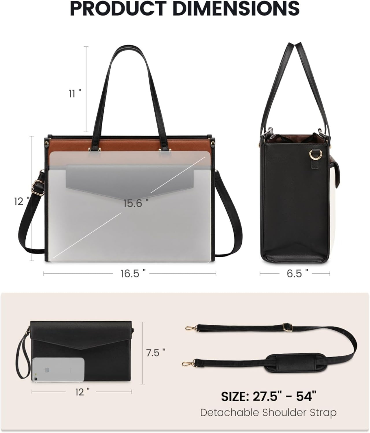 15.6'' Laptop Tote Purse 2-in-1 Professional Business Briefcase with Clutch Purse, Waterproof Leather