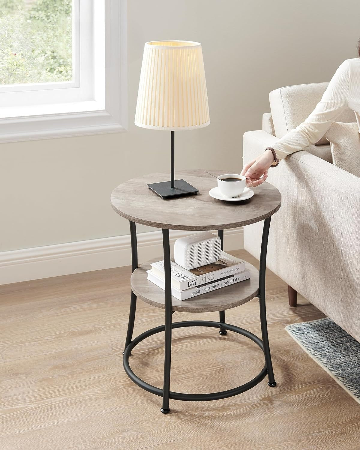 2-Tier Round End Table, Nightstand with Steel Frame for Small Spaces