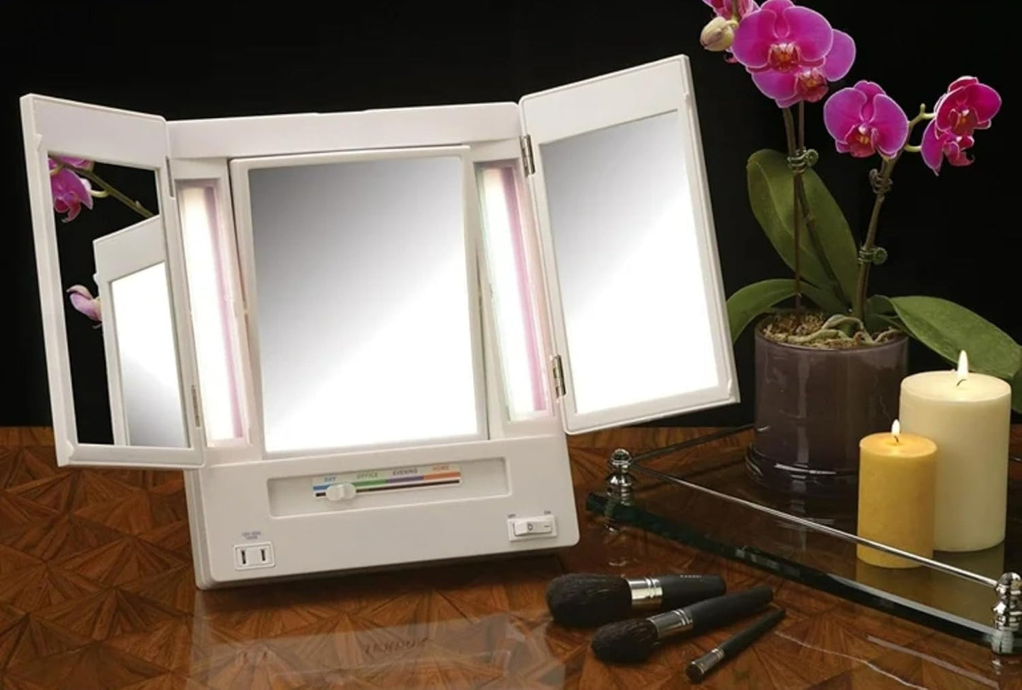 Tri-Fold Two-Sided Makeup Mirror with Lights - Vanity Mirror with 5X-1X Magnification &amp
