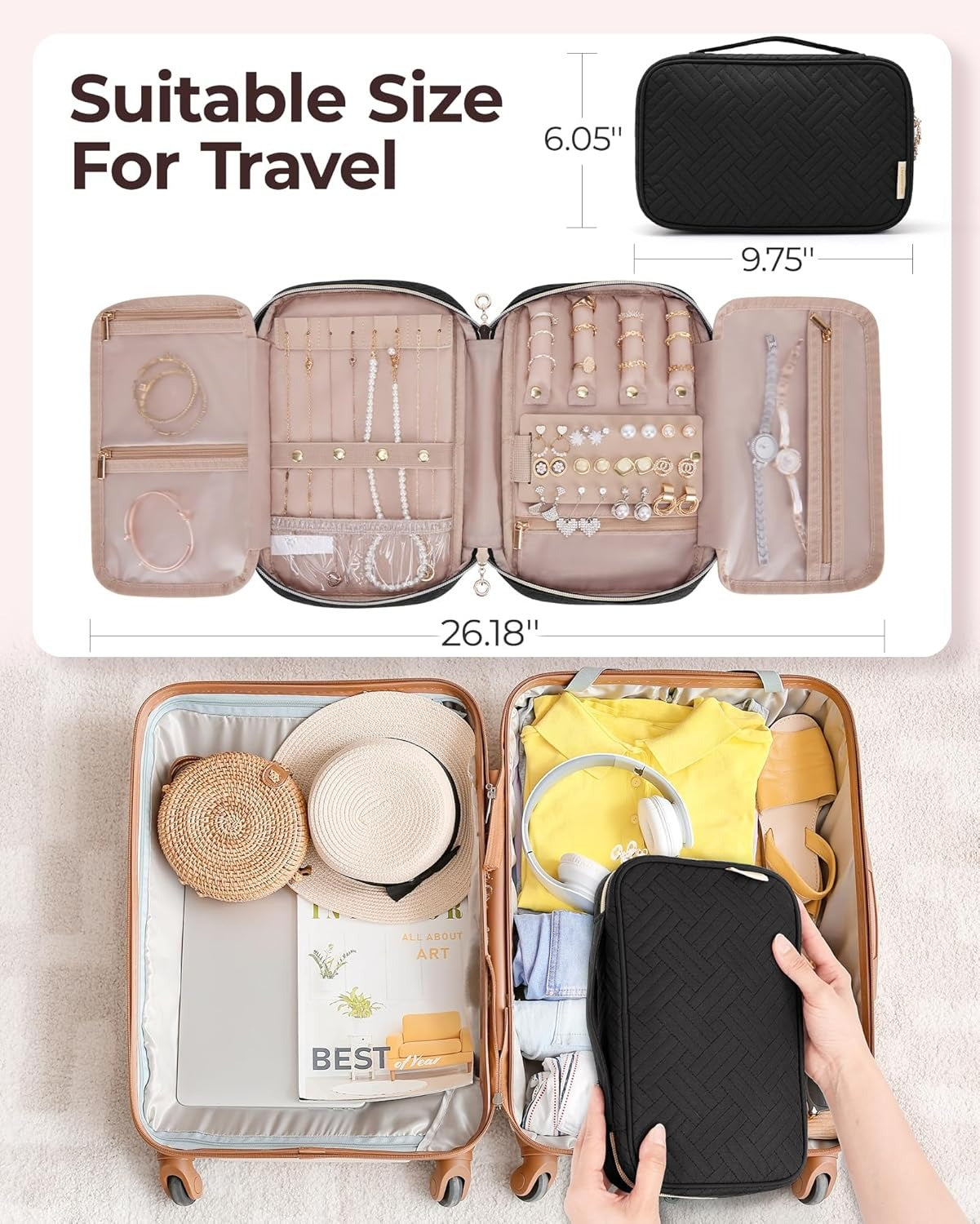 Jewelry Organizer Bag Travel Jewelry Storage Cases for Necklace, Earrings, Rings, Bracelet, Black