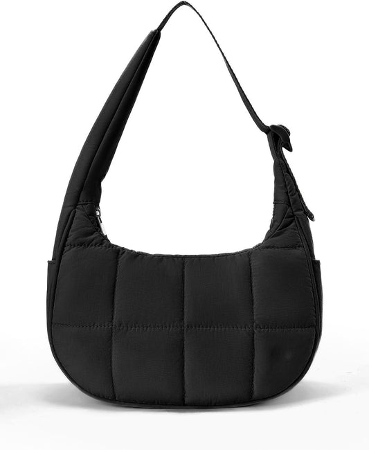 Crescent Shoulder Bag for Women, Nylon Quilted Shoulder Purses, Puffy Handbags with Adjustable Strap