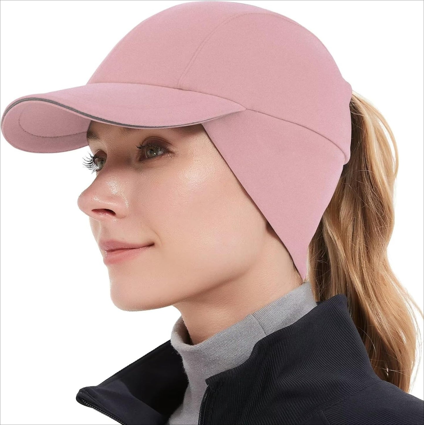 Women's Winter Reflective Fleece Ponytail Hat with Drop Down Ear Warmer