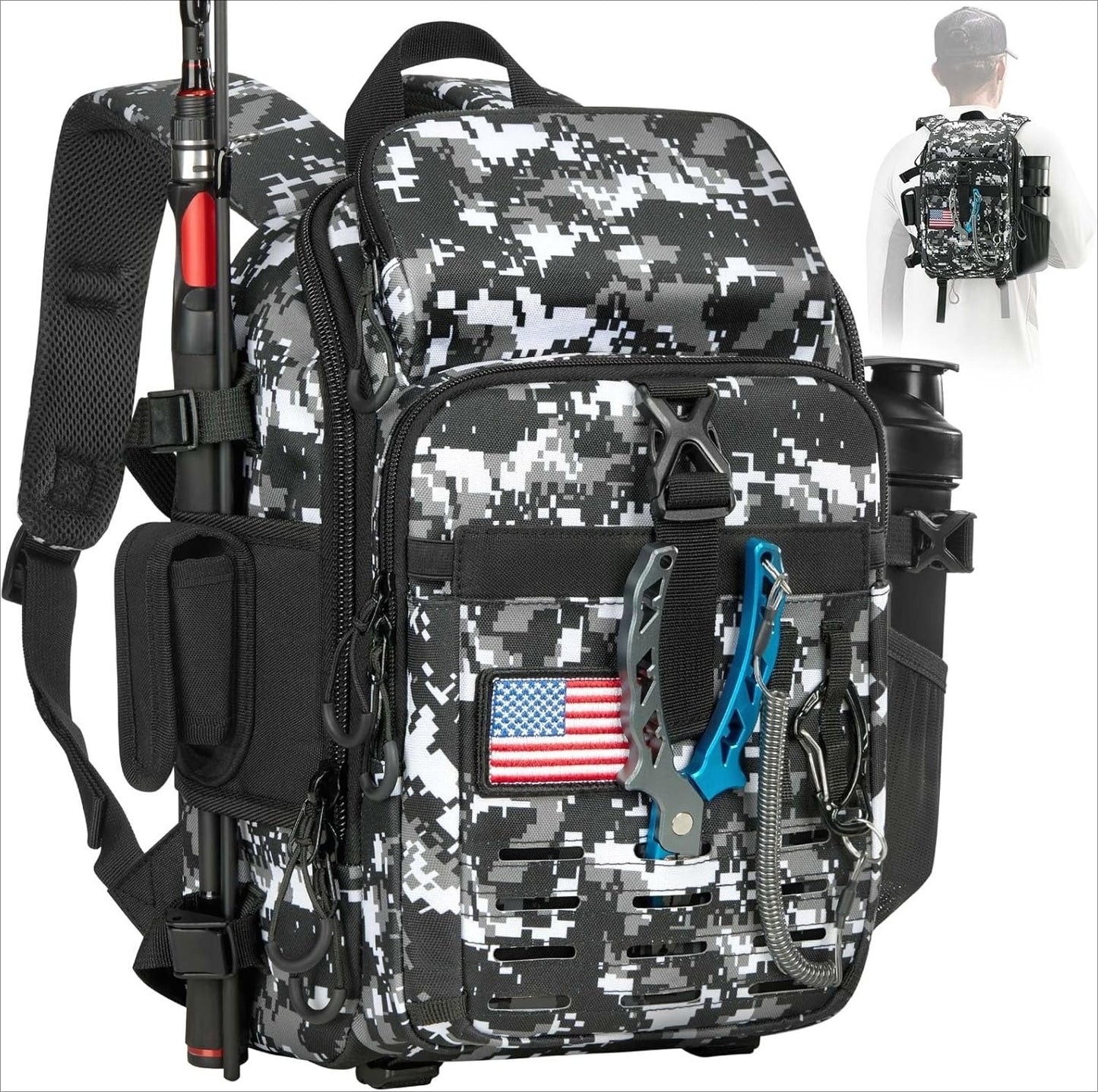 Fishing Tackle Backpack with Rod & Gear Holder, Lightweight Fishing Tackle Storage Bag with Protective Rain Cover