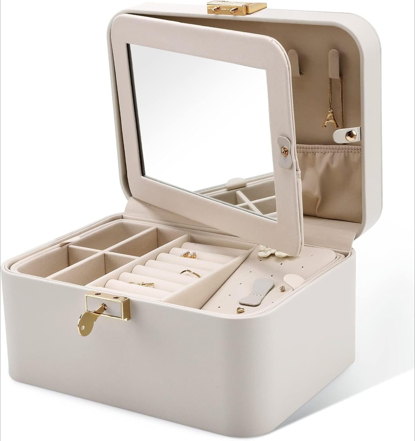 Jewelry Organizer Box, 2 Layers, Large Capacity, Double Lock and Large Mirror, Hidden Necklace Hooks, Removable Dividers