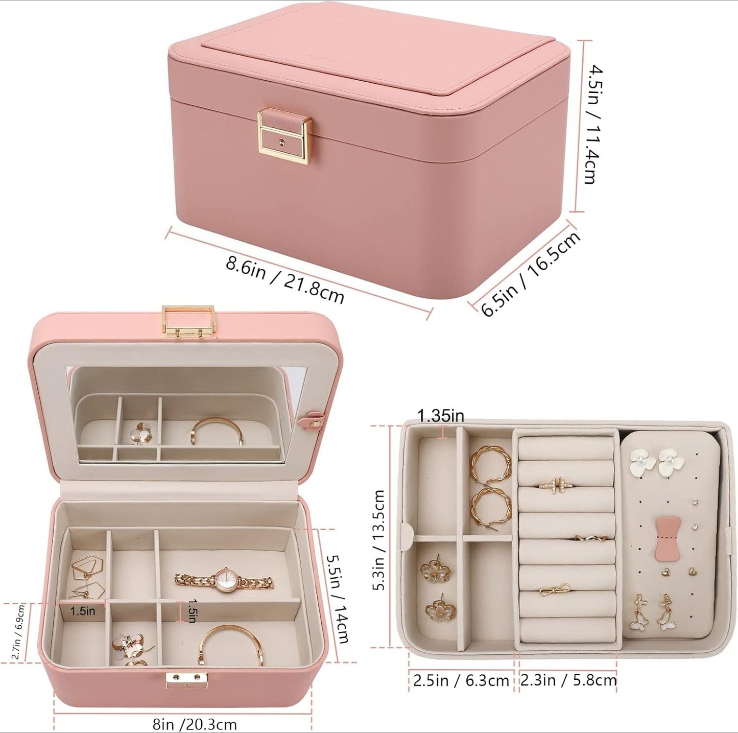 Jewelry Organizer Box, 2 Layers, Large Capacity, Double Lock and Large Mirror, Hidden Necklace Hooks, Removable Dividers