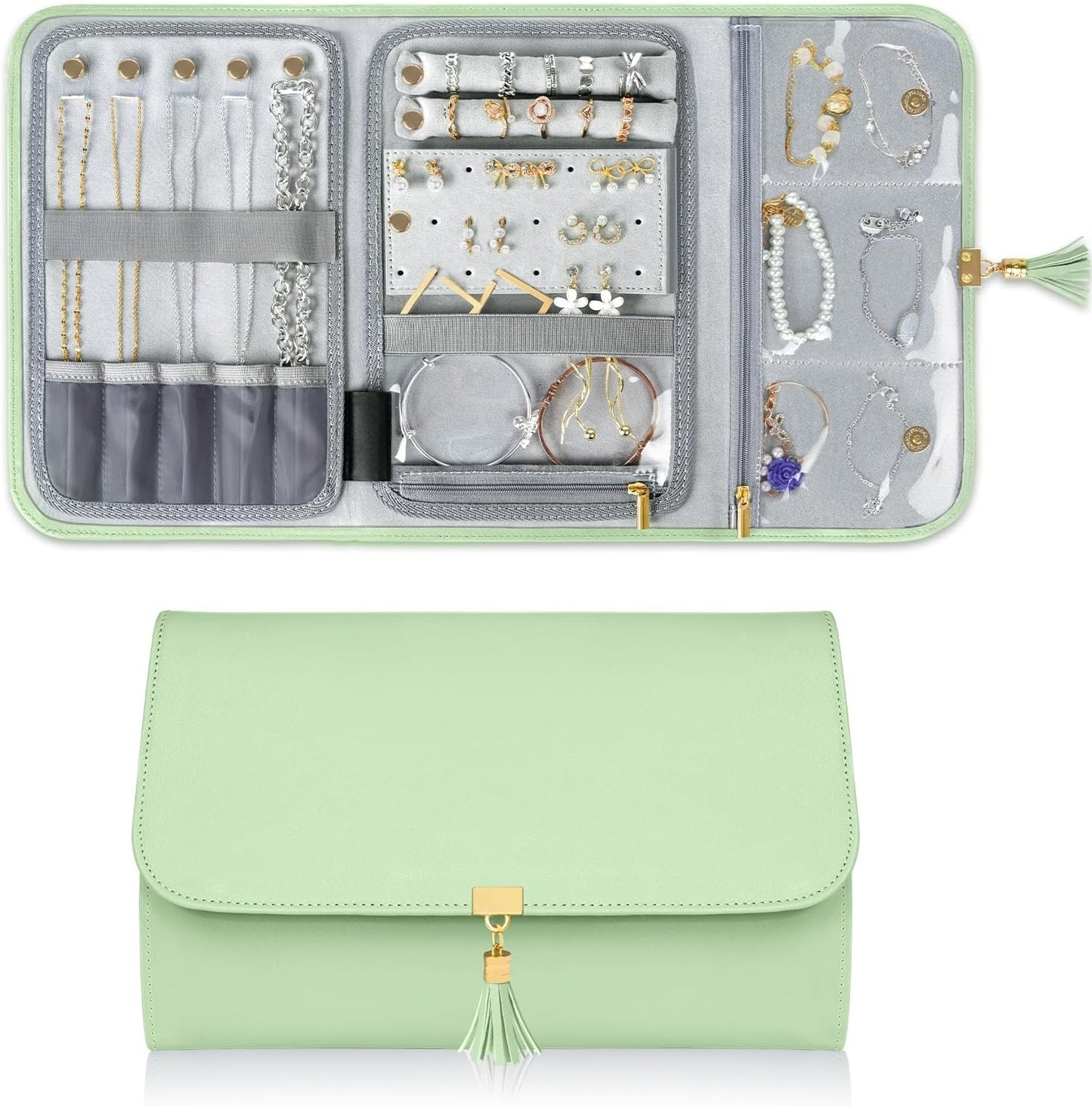 Jewelry Travel Organizer , Portable Leather Jewelry Storage Roll Bag Envelope Clutch