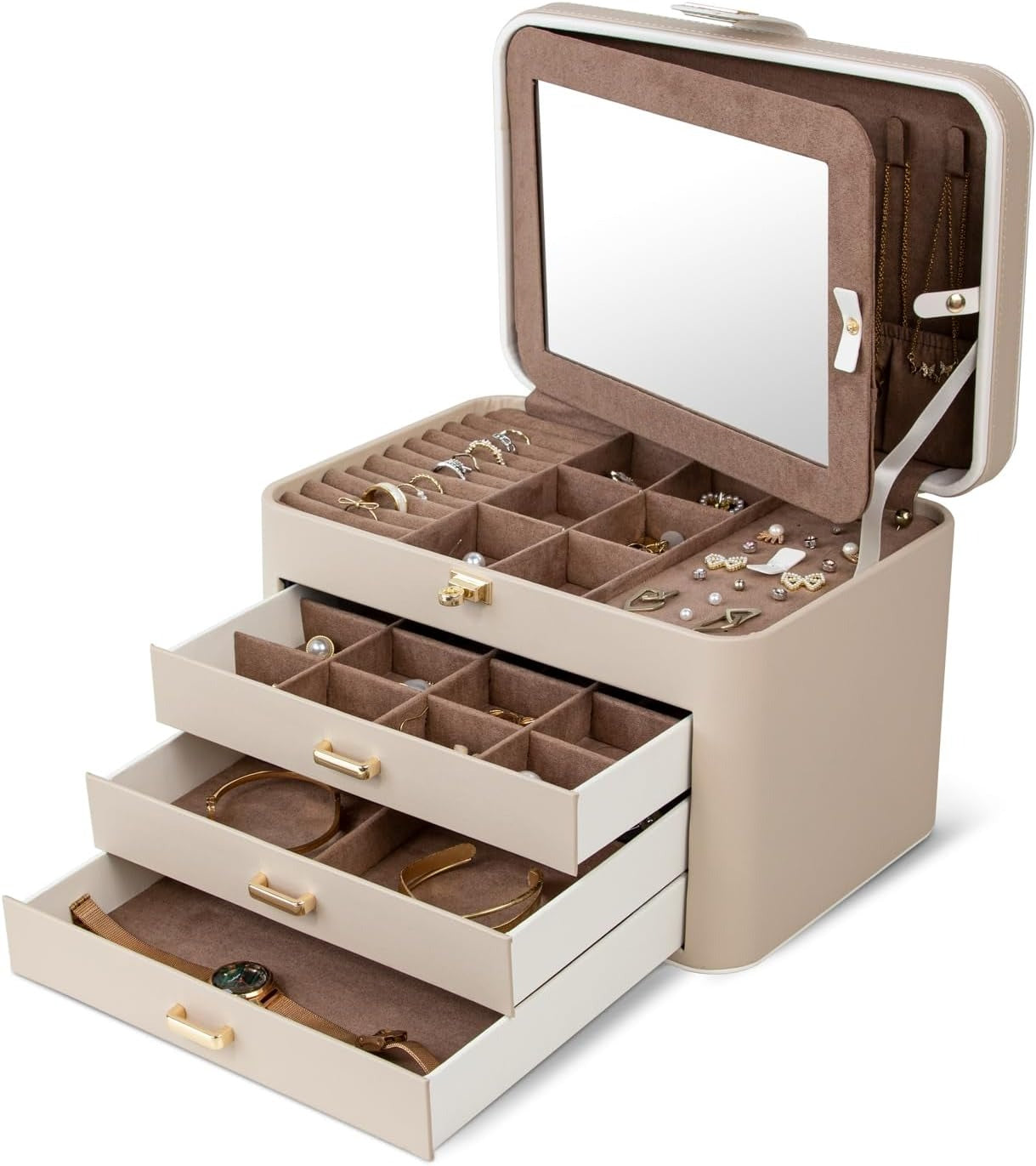 4 Layer Jewelry Organizer with Mirror, 3 Drawers, Jewelry Storage Box, for Earring, Necklace, Bracelet, Ring