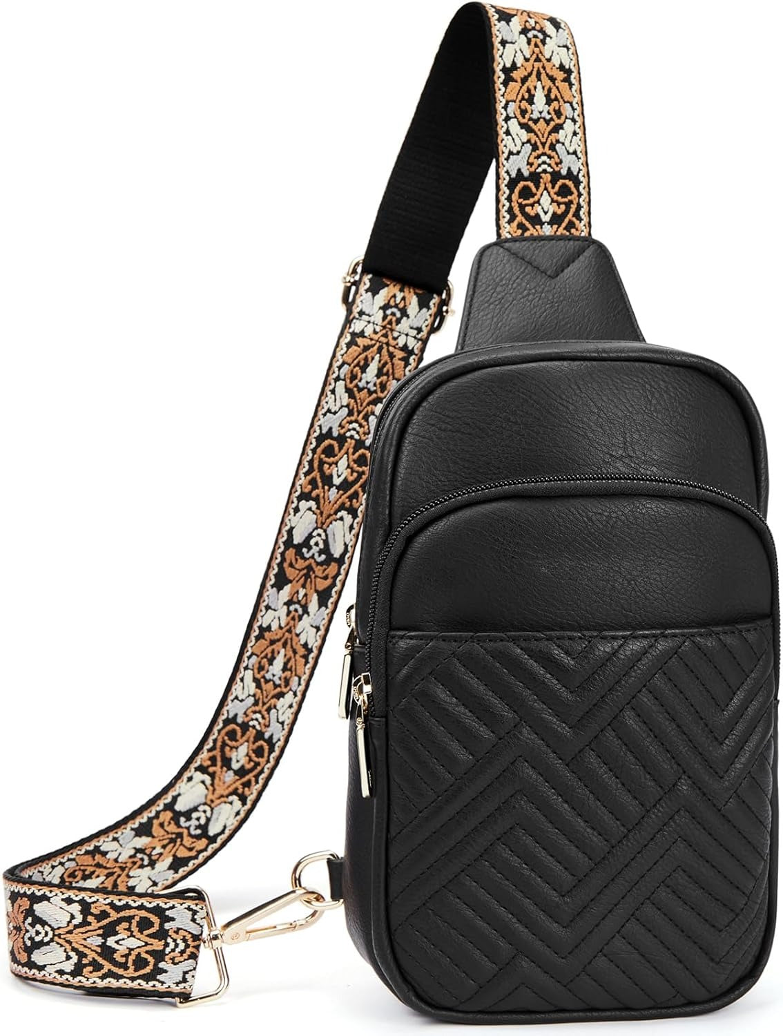 Sling Bag Quilted Crossbody Bags for Women Cross Body Purse Leather Fanny Pack with Adjustable Guitar Strap