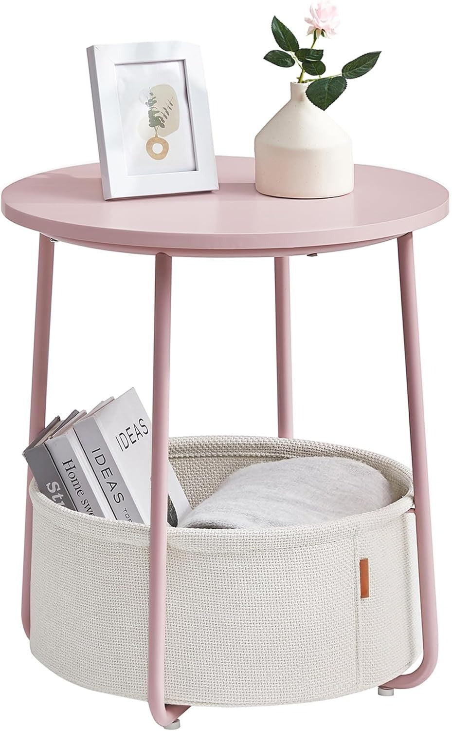 Small Round Side End Table, Modern Nightstand with Fabric Basket