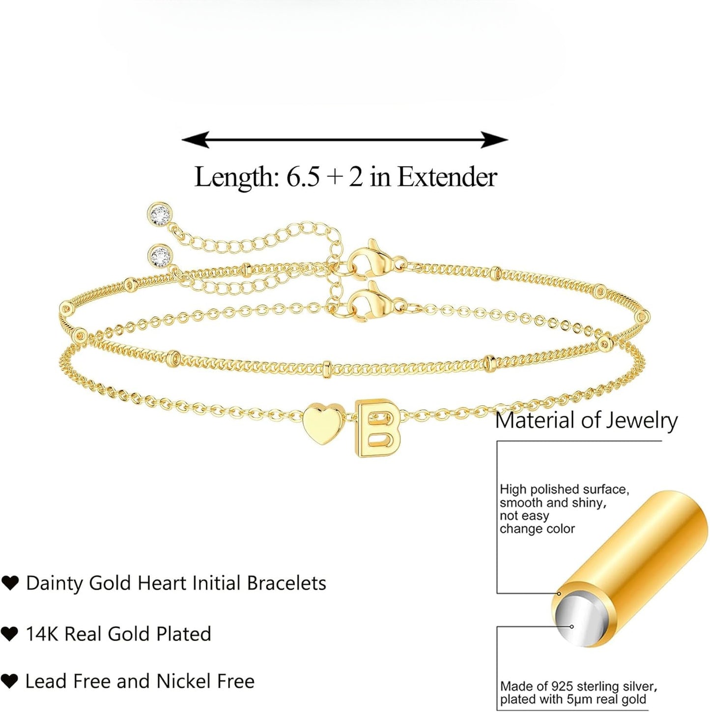 Dainty Initial Heart Gold Bracelets for Women Trendy, 14K Real Gold Letter Charm Bracelet Jewelry