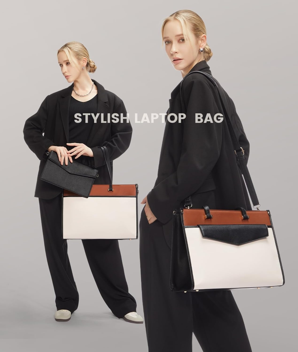 15.6'' Laptop Tote Purse 2-in-1 Professional Business Briefcase with Clutch Purse, Waterproof Leather