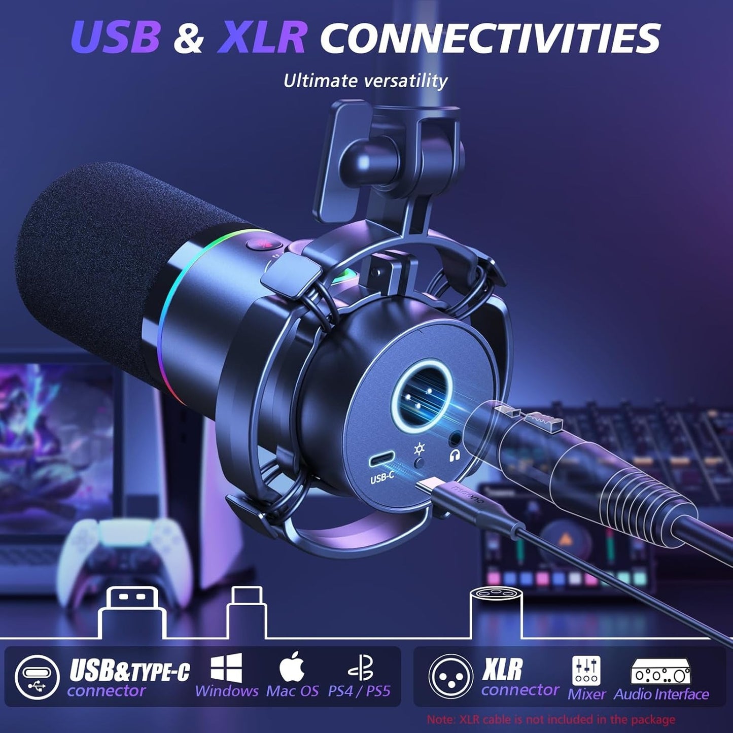 OMOMMD XLR/USB Dynamic Microphone Kit, RGB Podcast Mic with Software, Mute, Gain Knob, Volume Control, Boom Arm for Streaming, Gaming, Voice-Over, Recording-PD200XS Black