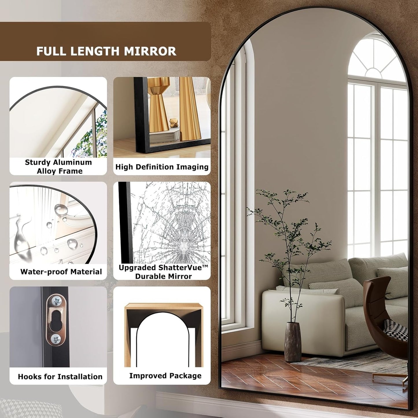 30x71 inch Wall Mount Arched Full Length Mirror-Aluminum Alloy Frame High Definition