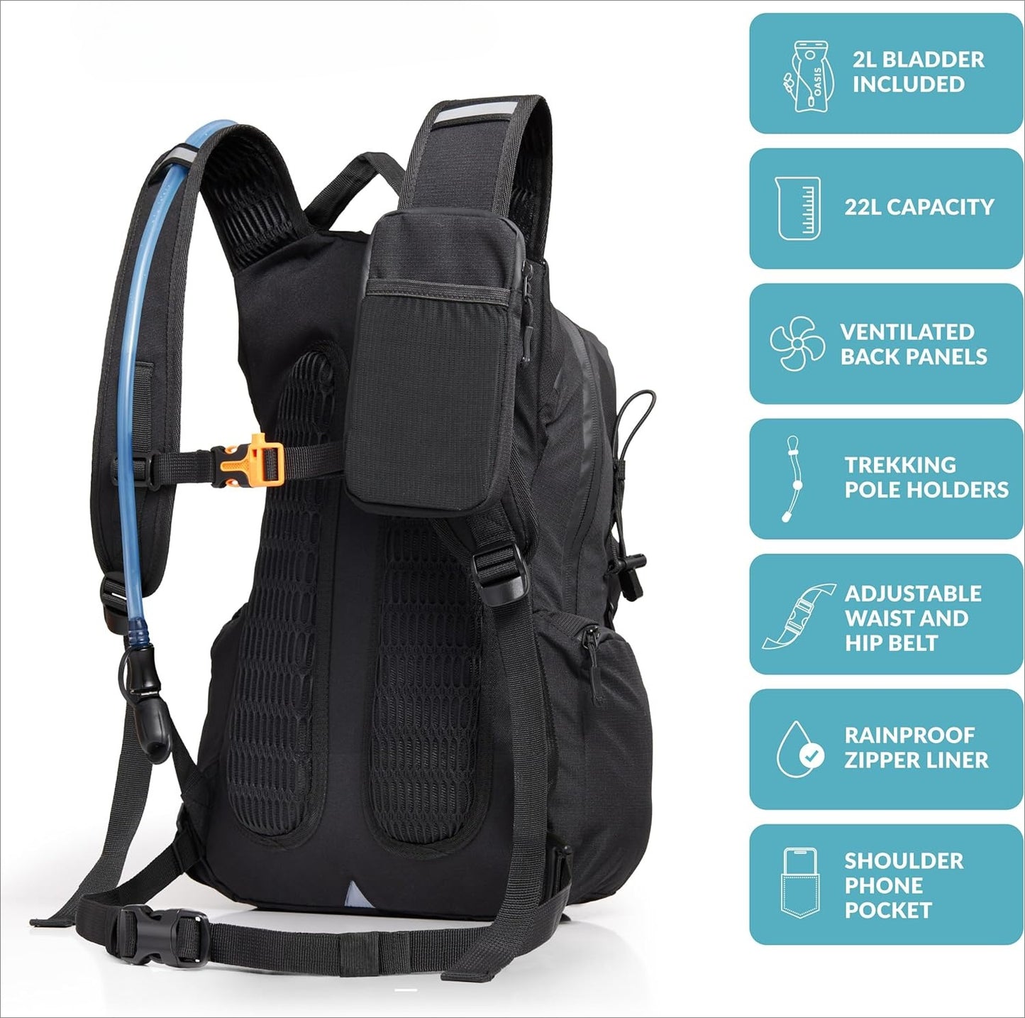 22L Hiking Backpack with Water Bladder - Water Backpack for Hiking with Waterproof Zippers, Phone & Pole Holders