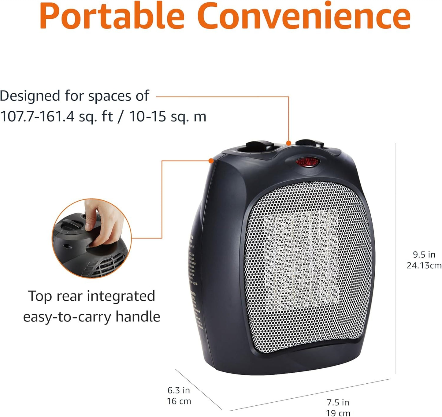 OMOMMD Ceramic Space Heater, Portable Indoor Heating Solution, With Overheat and Tip-Over Protection, Thermostat, Non-Oscillating, 1500W, 7.52"D x 6.34"W x 9.45"H, Black