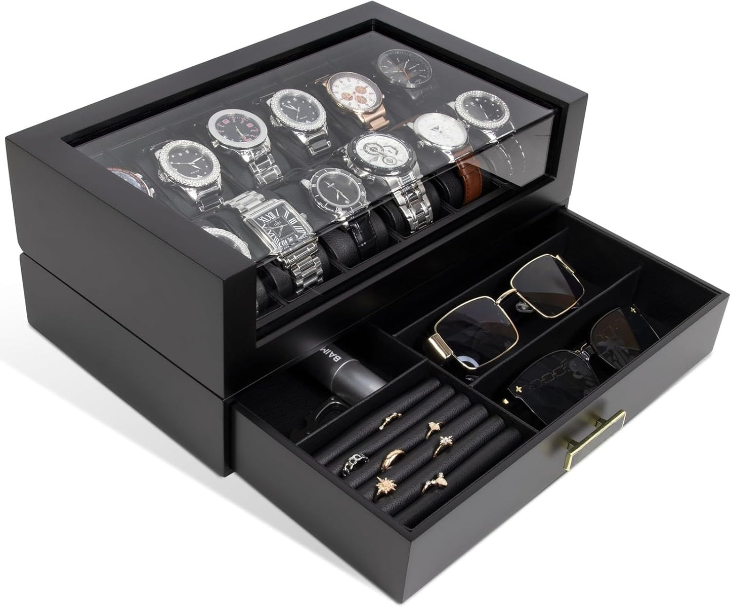 High End Watch Box for Men, 12 Slot Wooden Watch Case With Drawer, Watch Display Box with Glass Lid