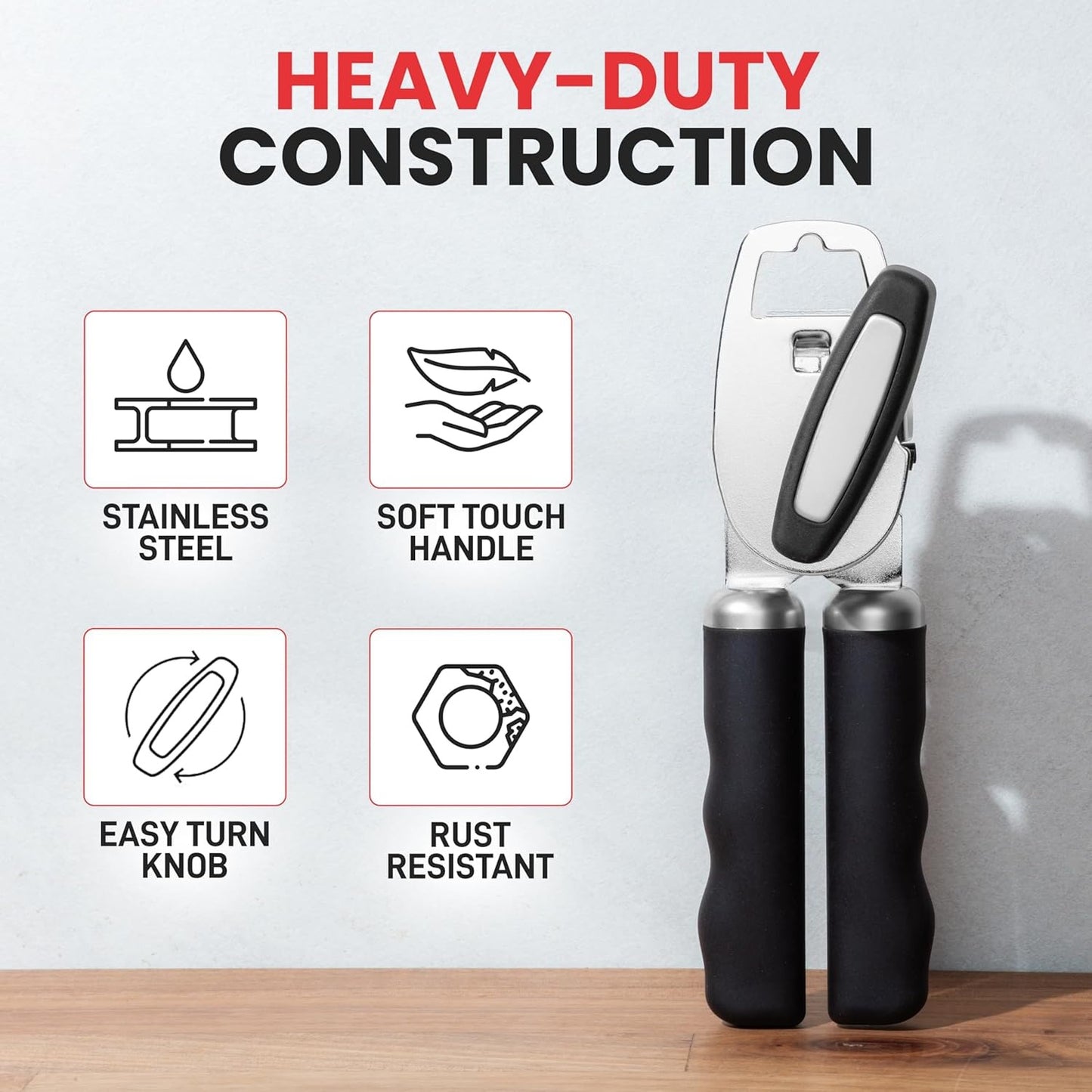 with Bottle Opener - Rust Proof Manual Can Opener With Turn Knob & Comfy Soft Grip Handles
