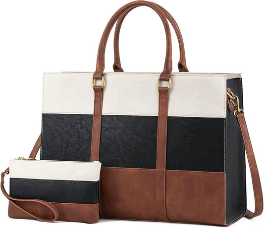 15.6 Inch Work Bags for Women, Vintage Leather Laptop Tote Bag, Waterproof Computer Bags with Clutch Purse